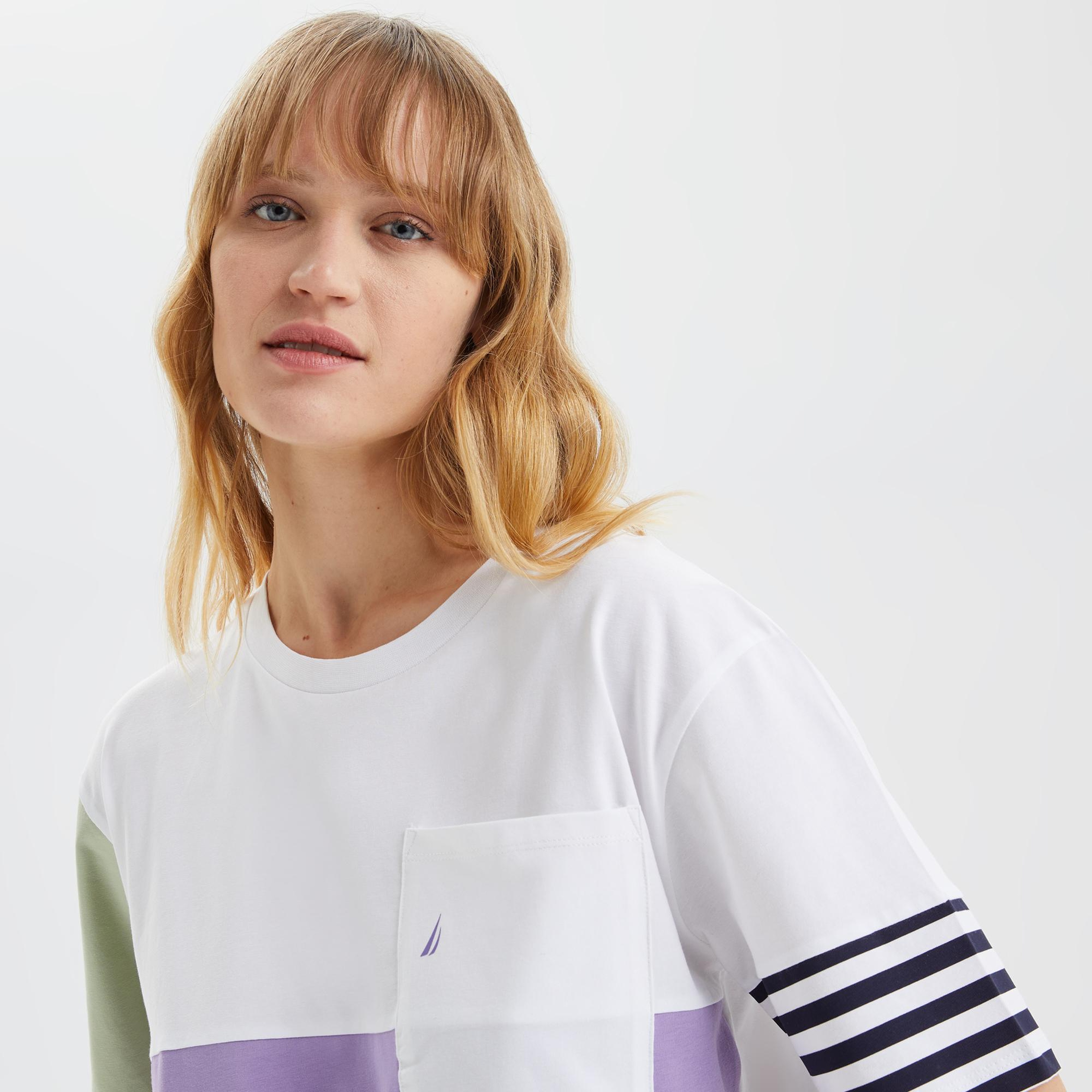 Nautica Kadın Mor Renk Bloklu Oversize T-Shirt