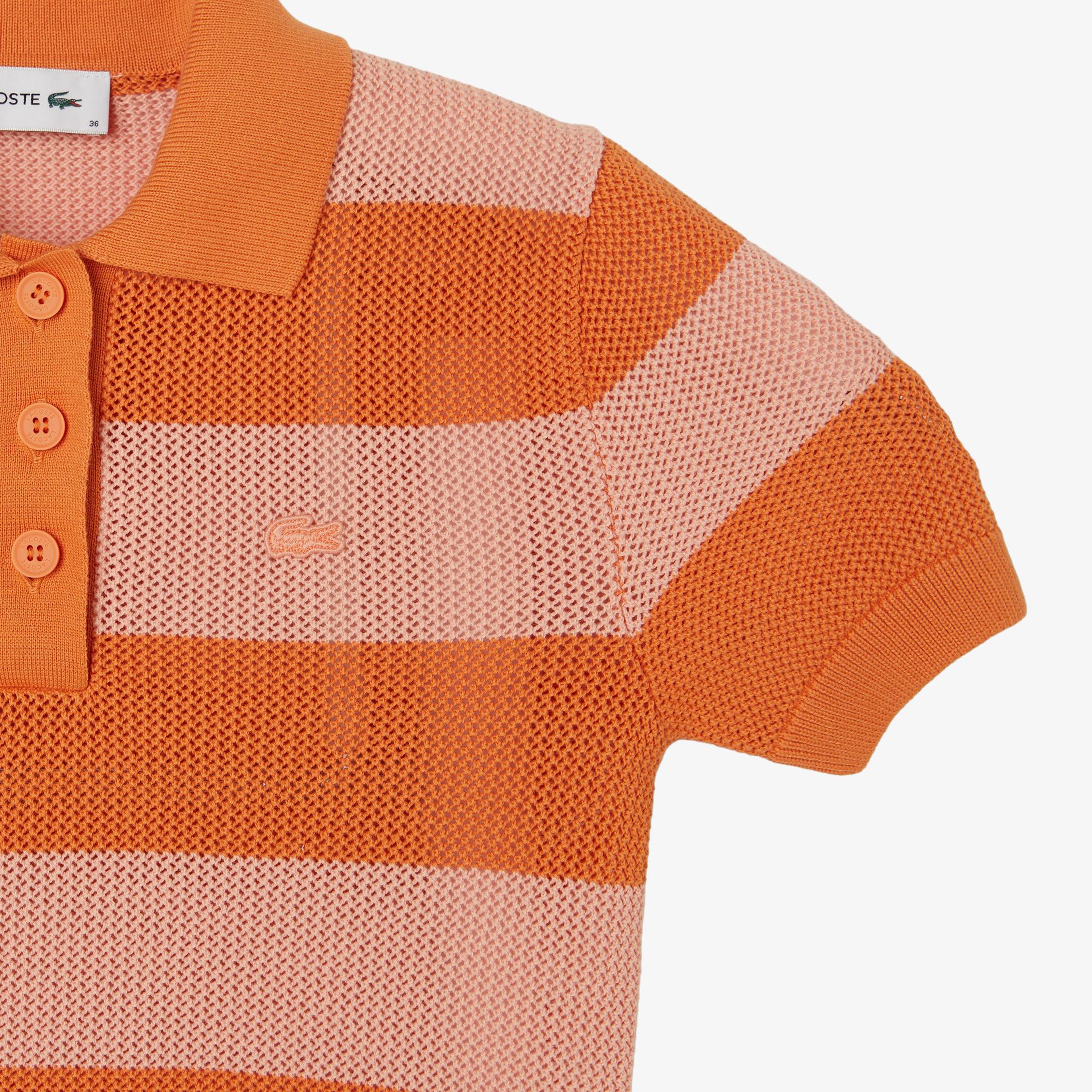 Kadın Regular Fit Kısa Kollu Polo Yaka Çizgili Turuncu Bluz