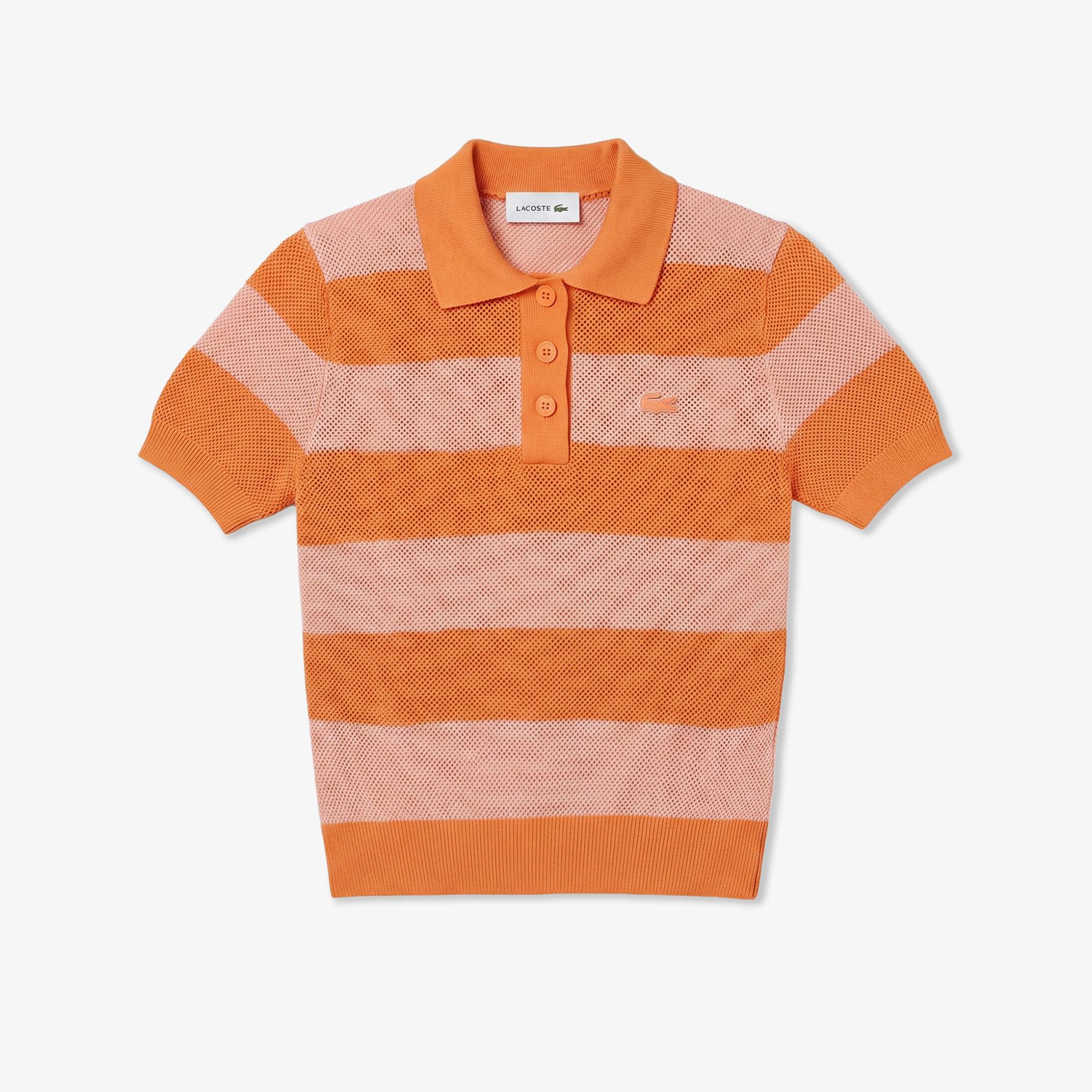 Kadın Regular Fit Kısa Kollu Polo Yaka Çizgili Turuncu Bluz