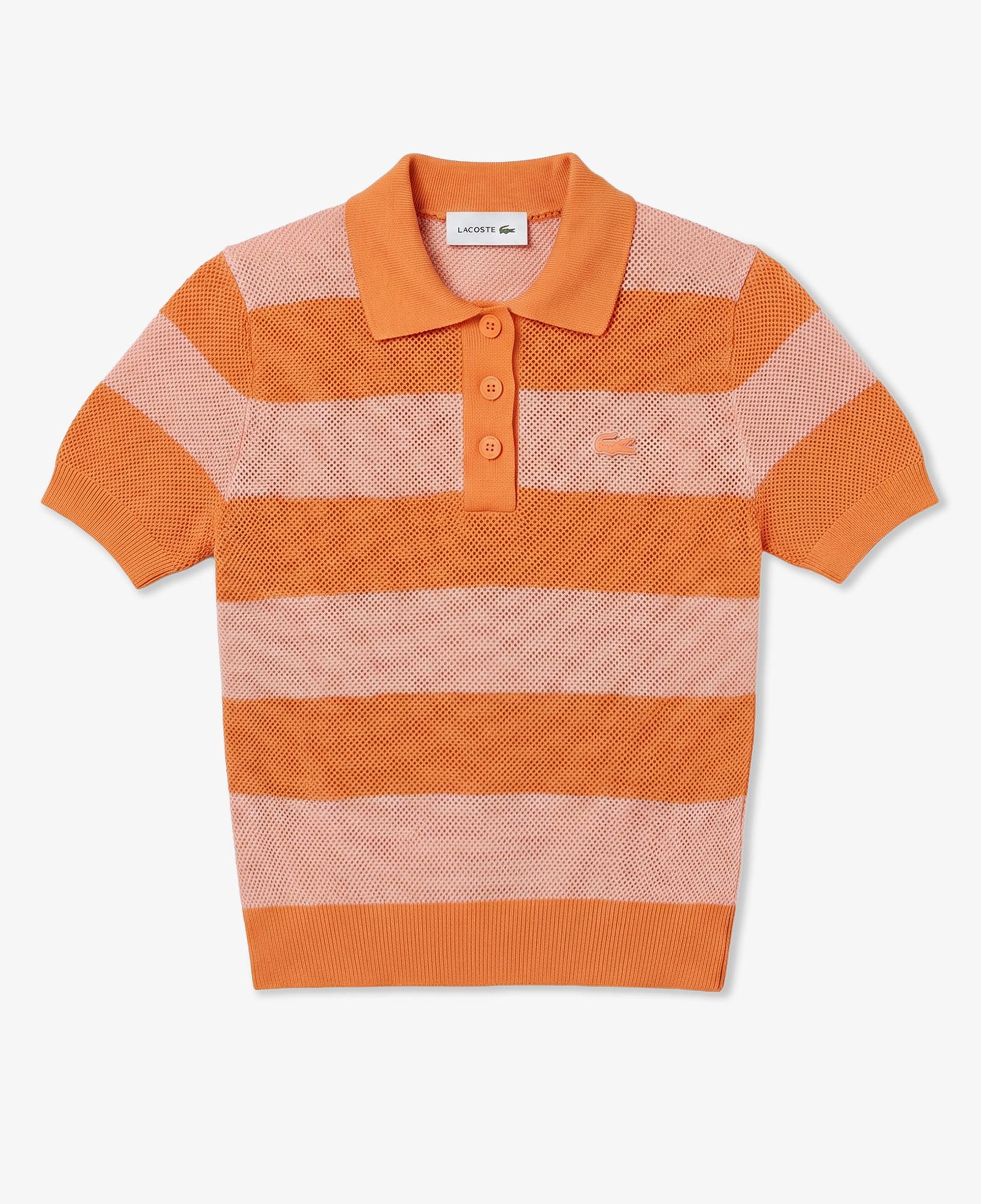 Kadın Regular Fit Kısa Kollu Polo Yaka Çizgili Turuncu Bluz