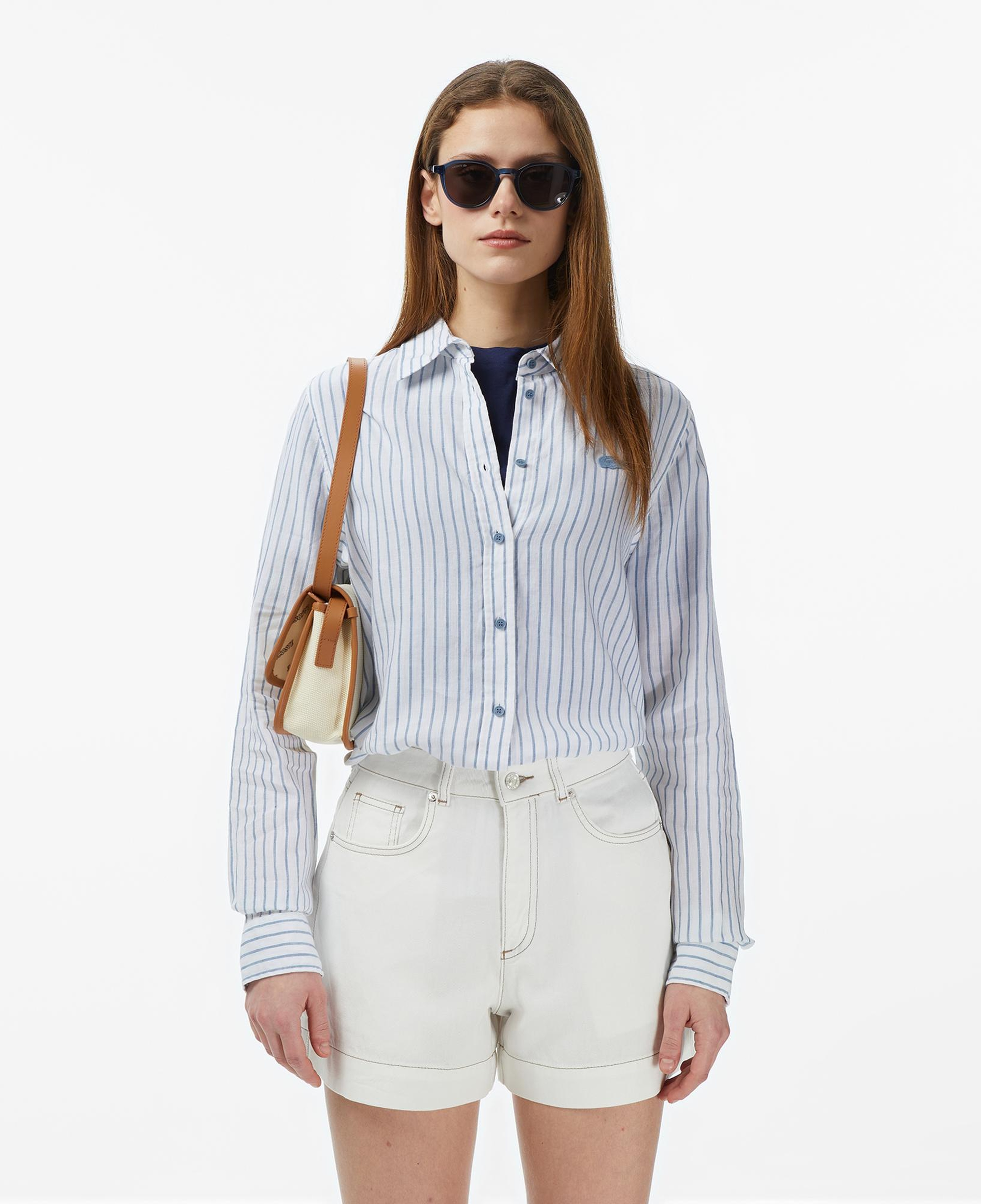 Kadın Relaxed Fit Keten Çizgili Mavi Gömlek