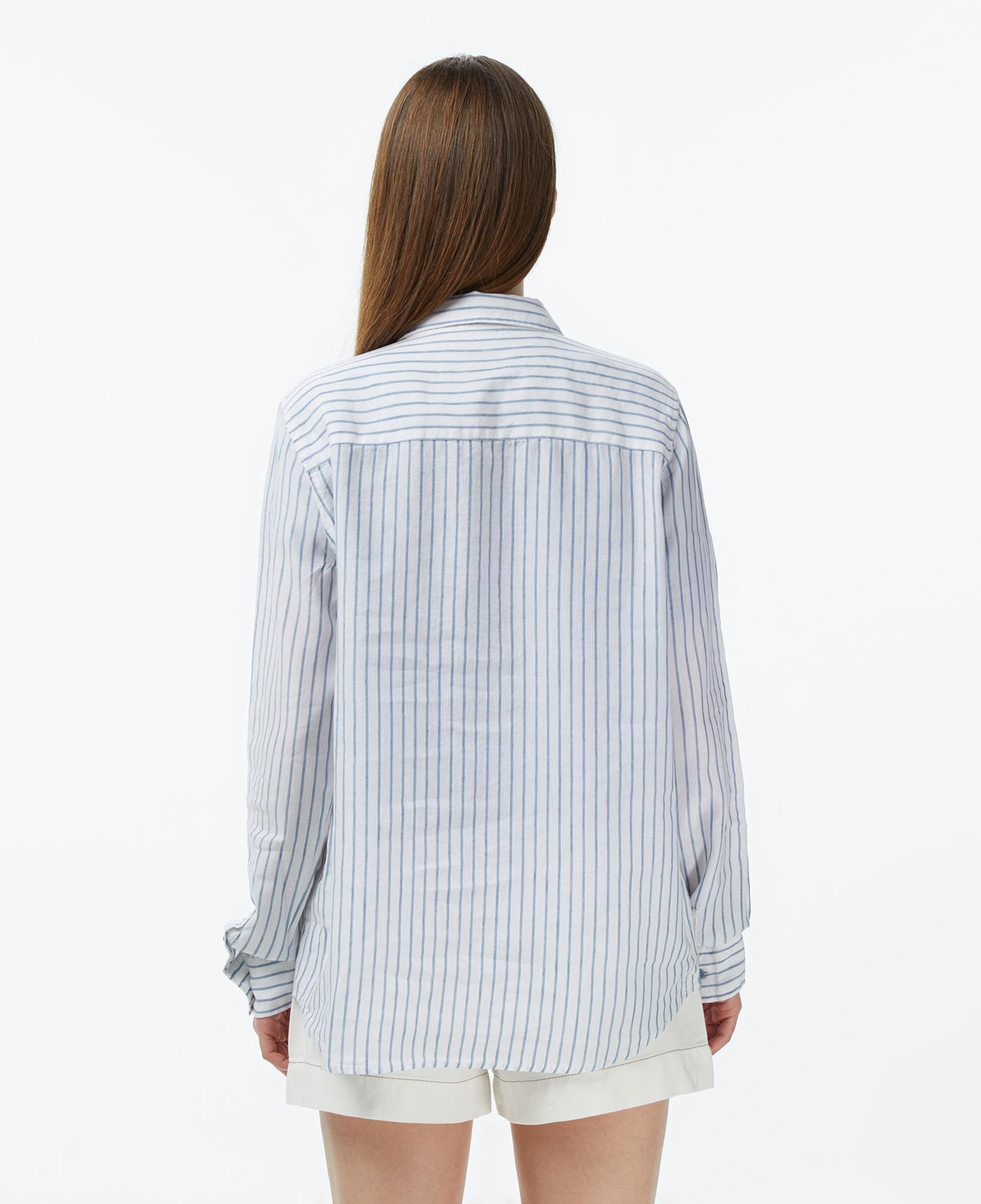 Kadın Relaxed Fit Keten Çizgili Mavi Gömlek