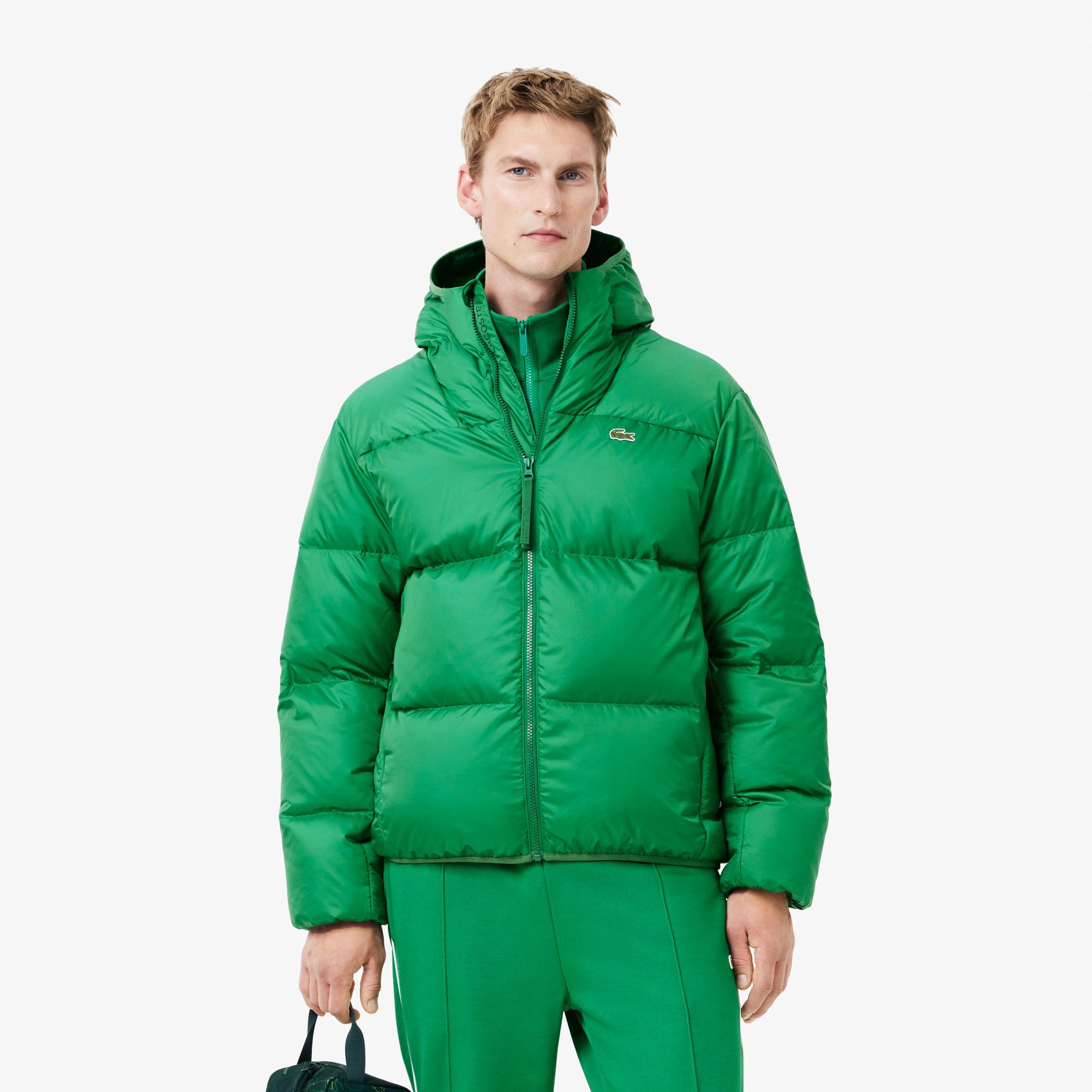 Erkek Relaxed Fit Kapüşonlu Yeşil Şişme Mont