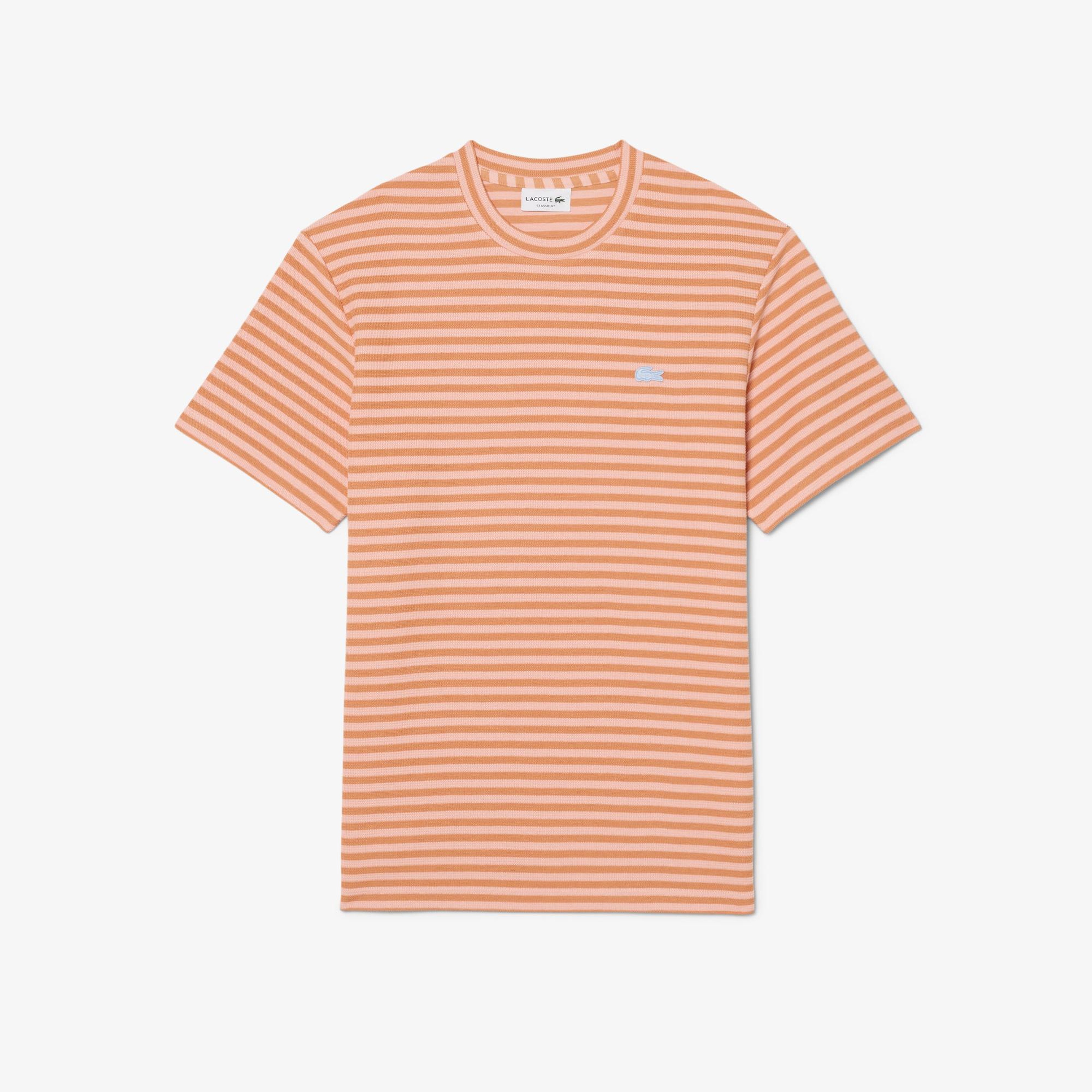 Erkek Classic Fit Bisiklet Yaka Çizgili Turuncu T-Shirt