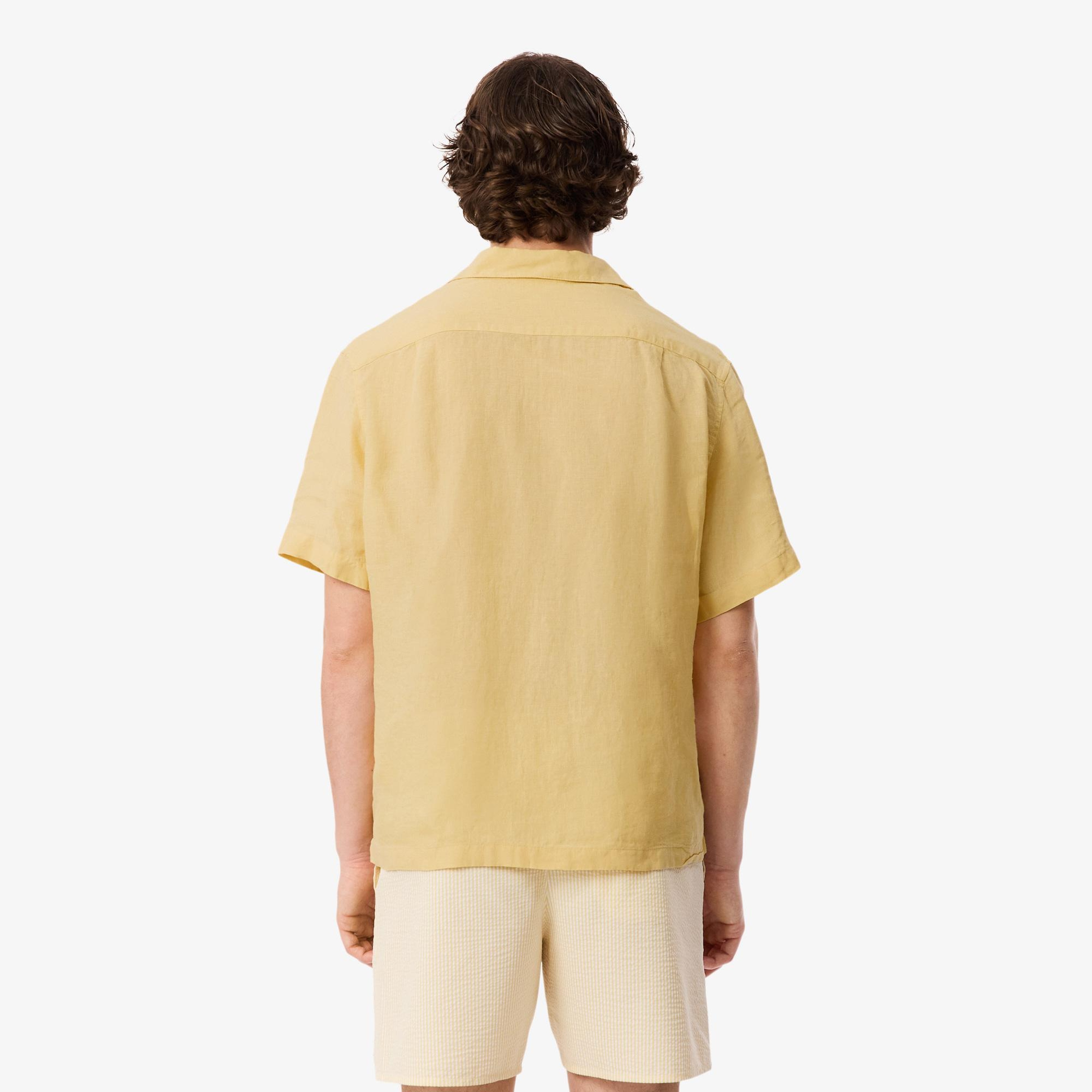 Erkek Relaxed Fit Kısa Kollu Keten Bej Gömlek