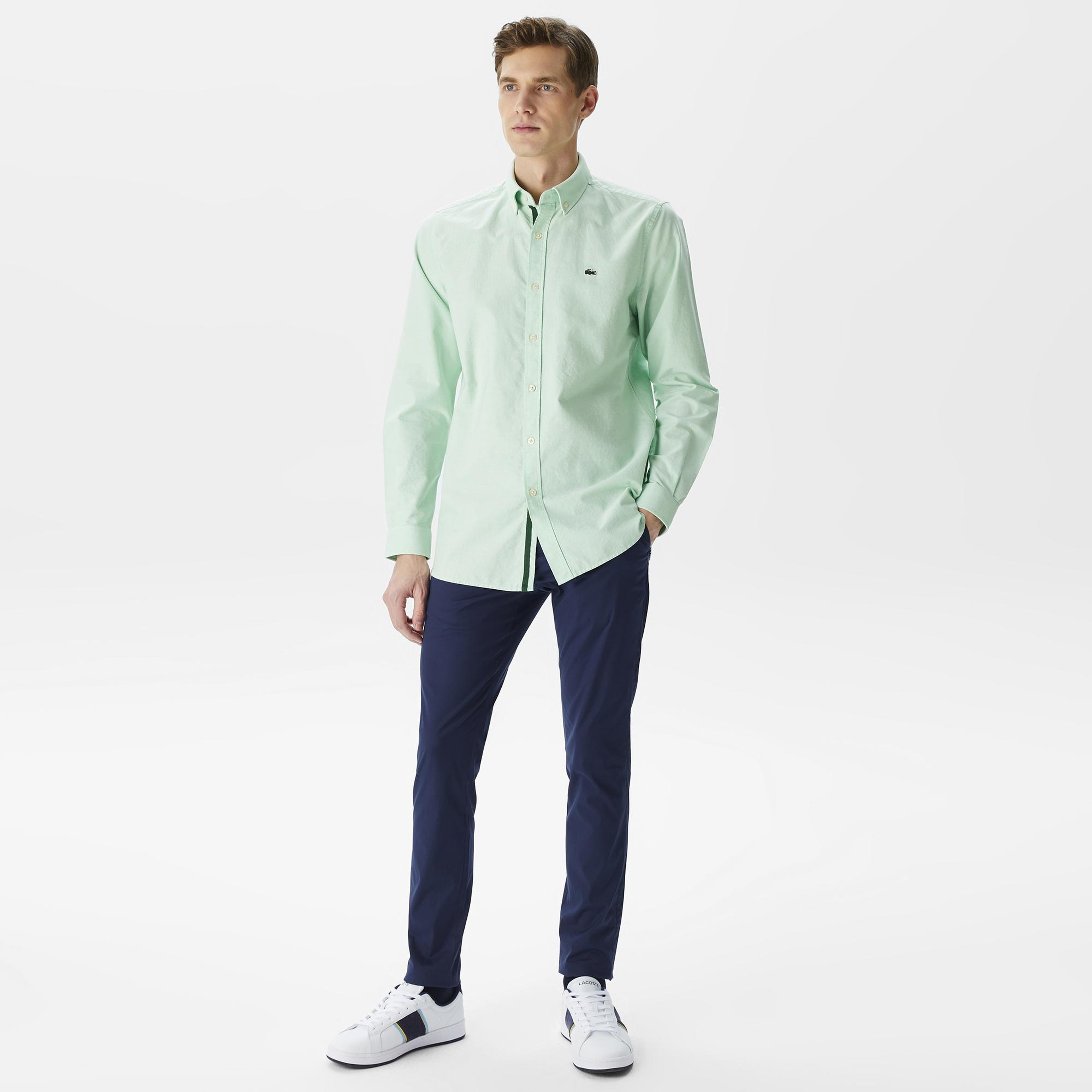 Erkek Slim Fit Düğmeli Yaka Açık Yeşil Gömlek