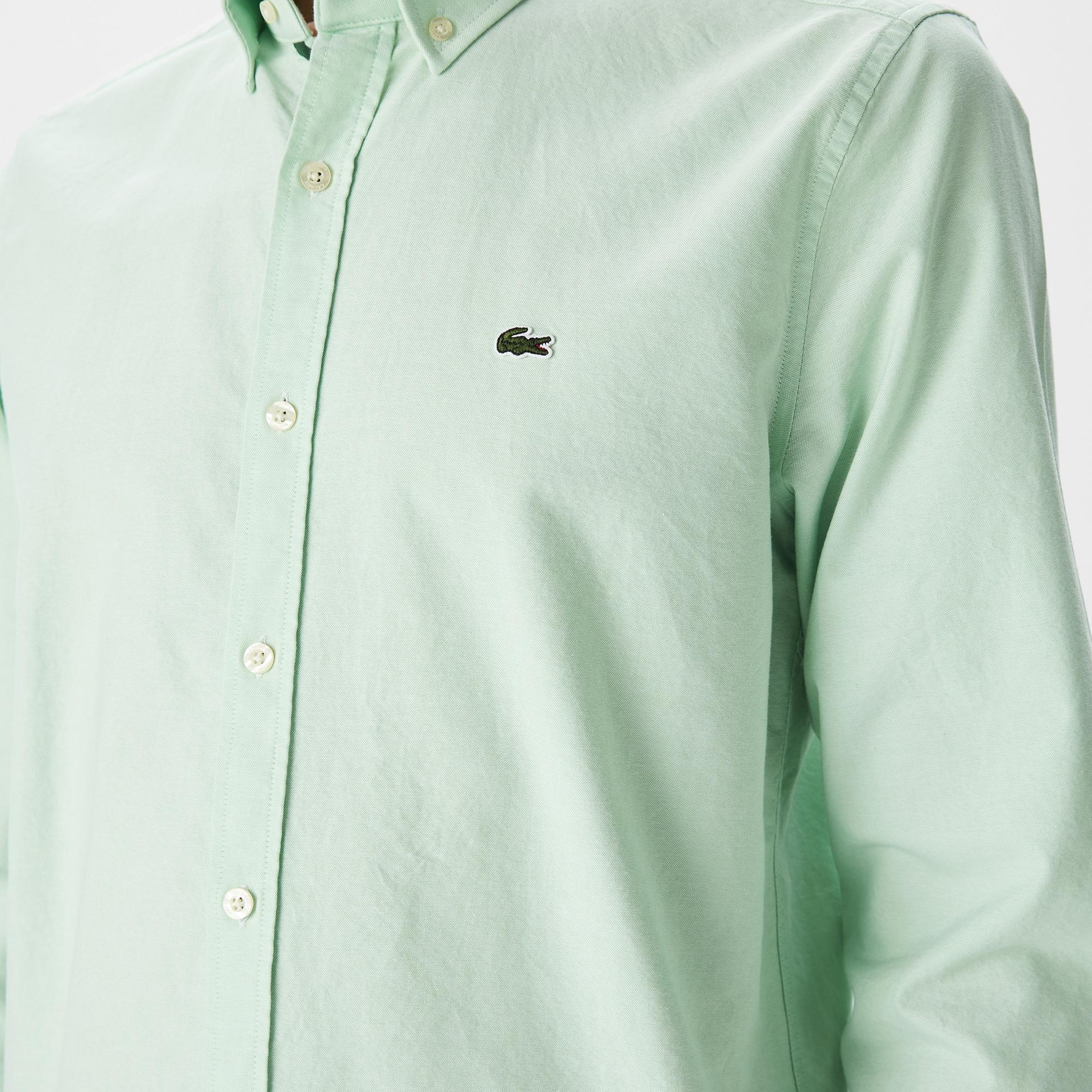 Erkek Slim Fit Düğmeli Yaka Açık Yeşil Gömlek