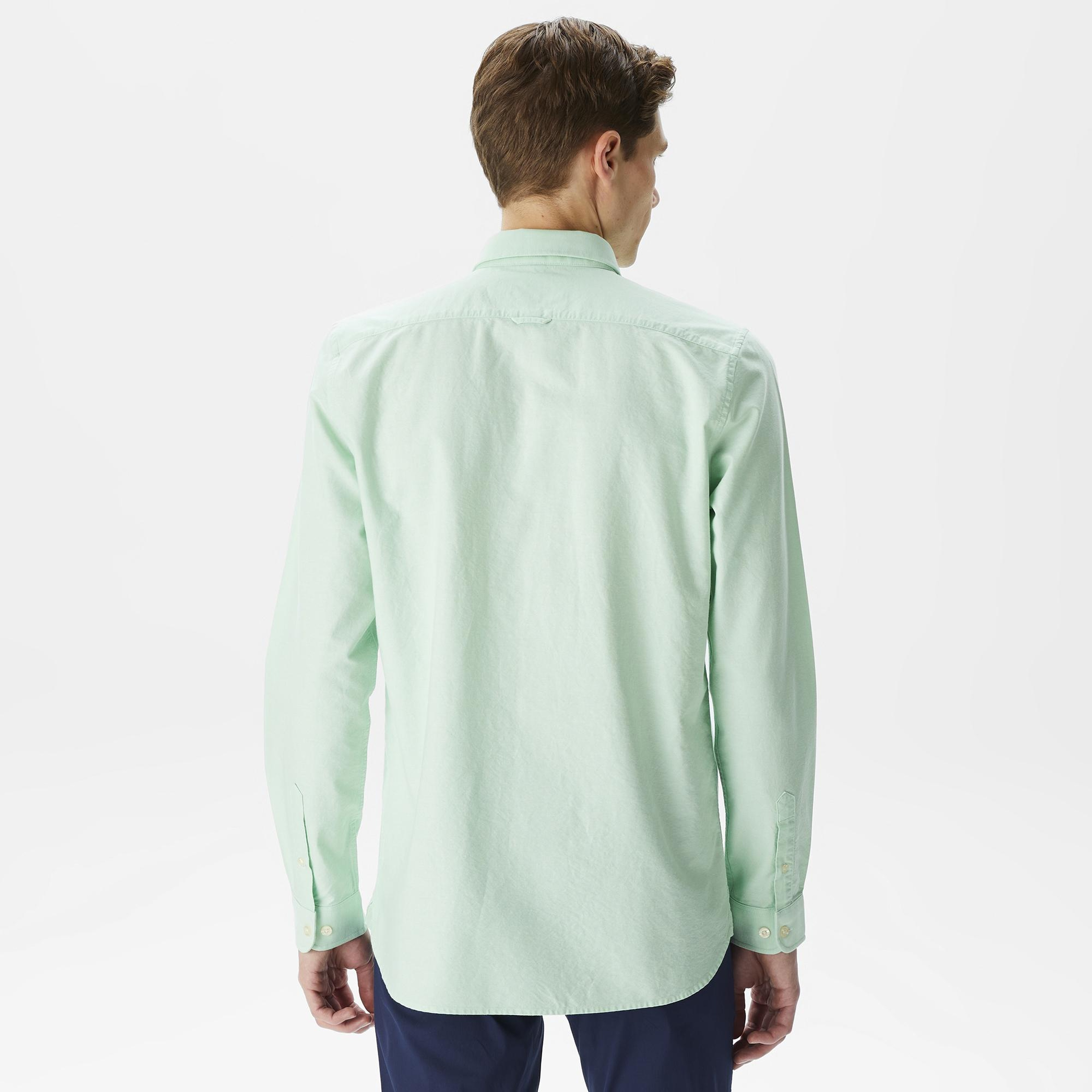 Erkek Slim Fit Düğmeli Yaka Açık Yeşil Gömlek