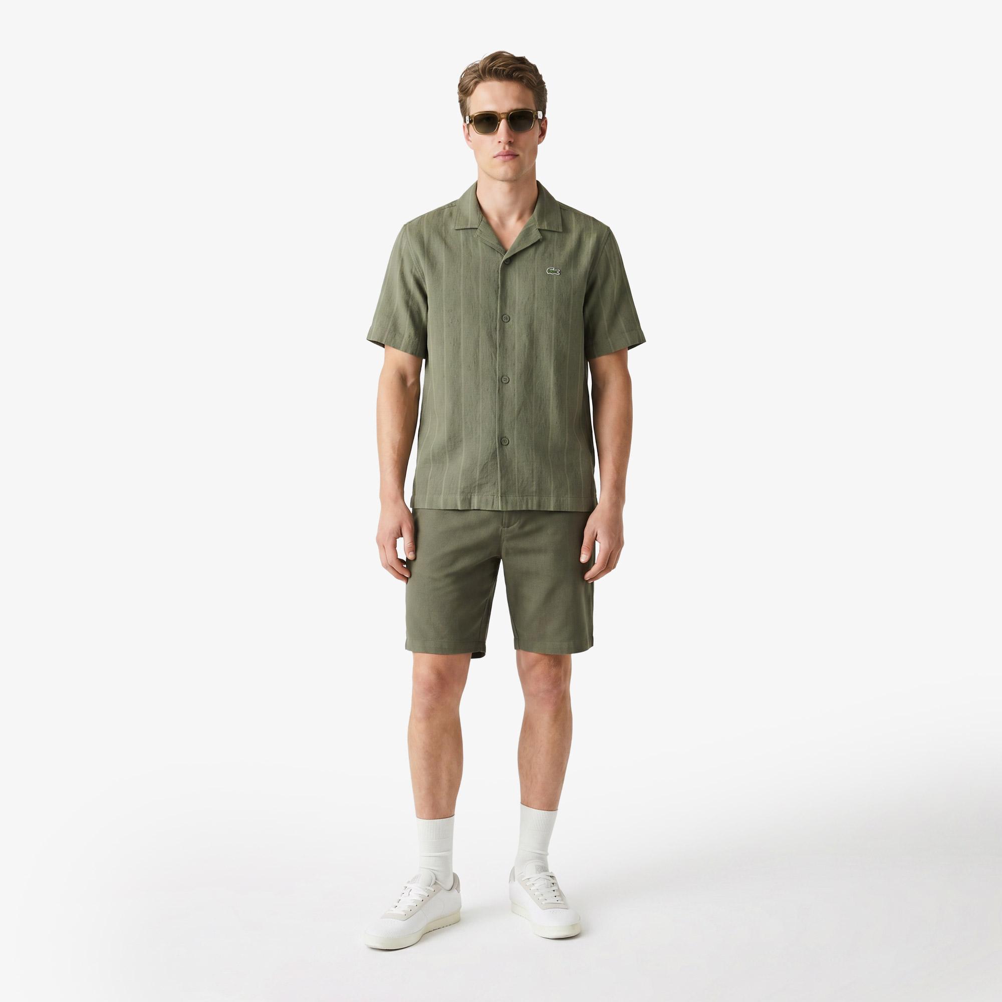 Erkek Tapered Fit Keten Haki Bermuda Şort