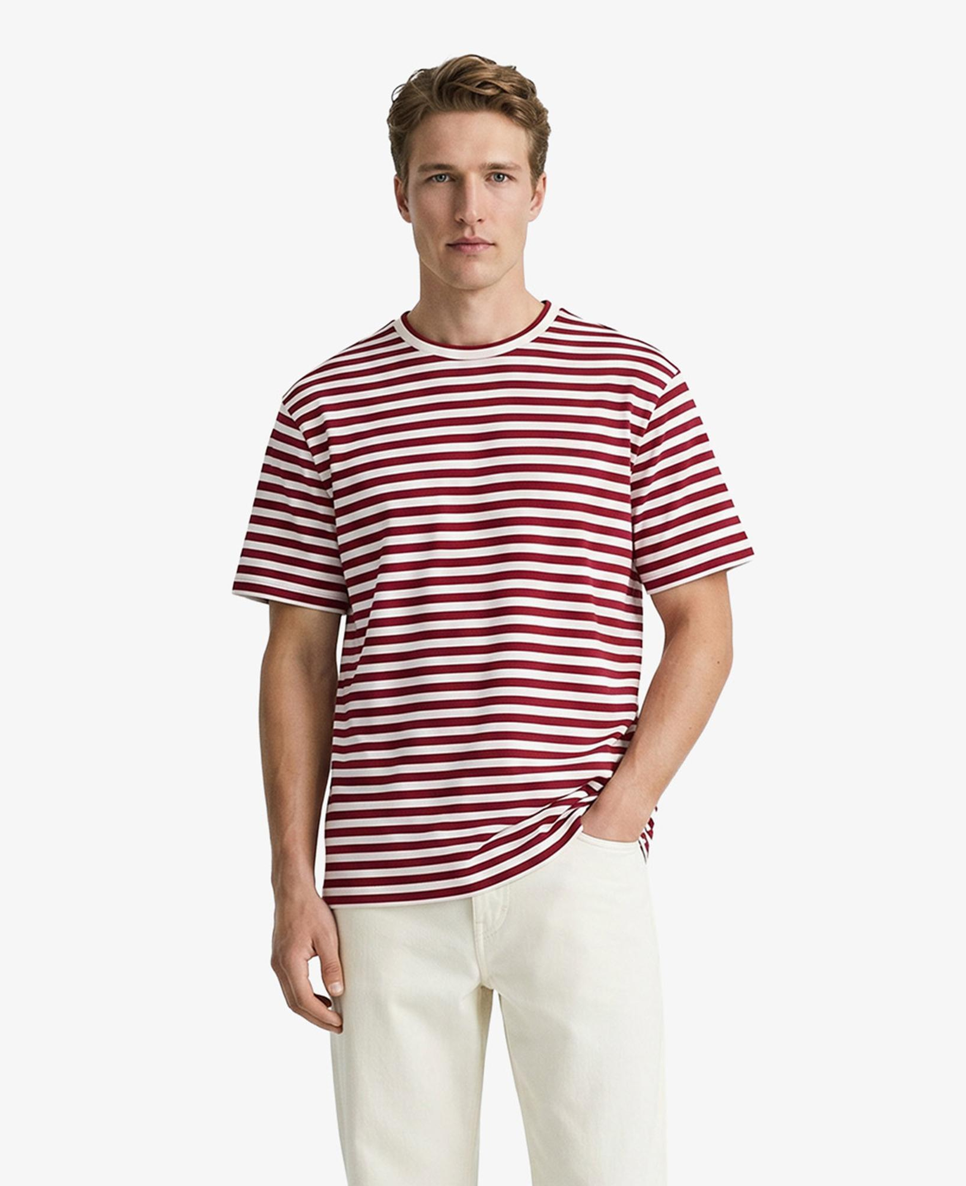 Erkek Relaxed Fit Bisiklet Yaka Çizgili Bordo T-Shirt