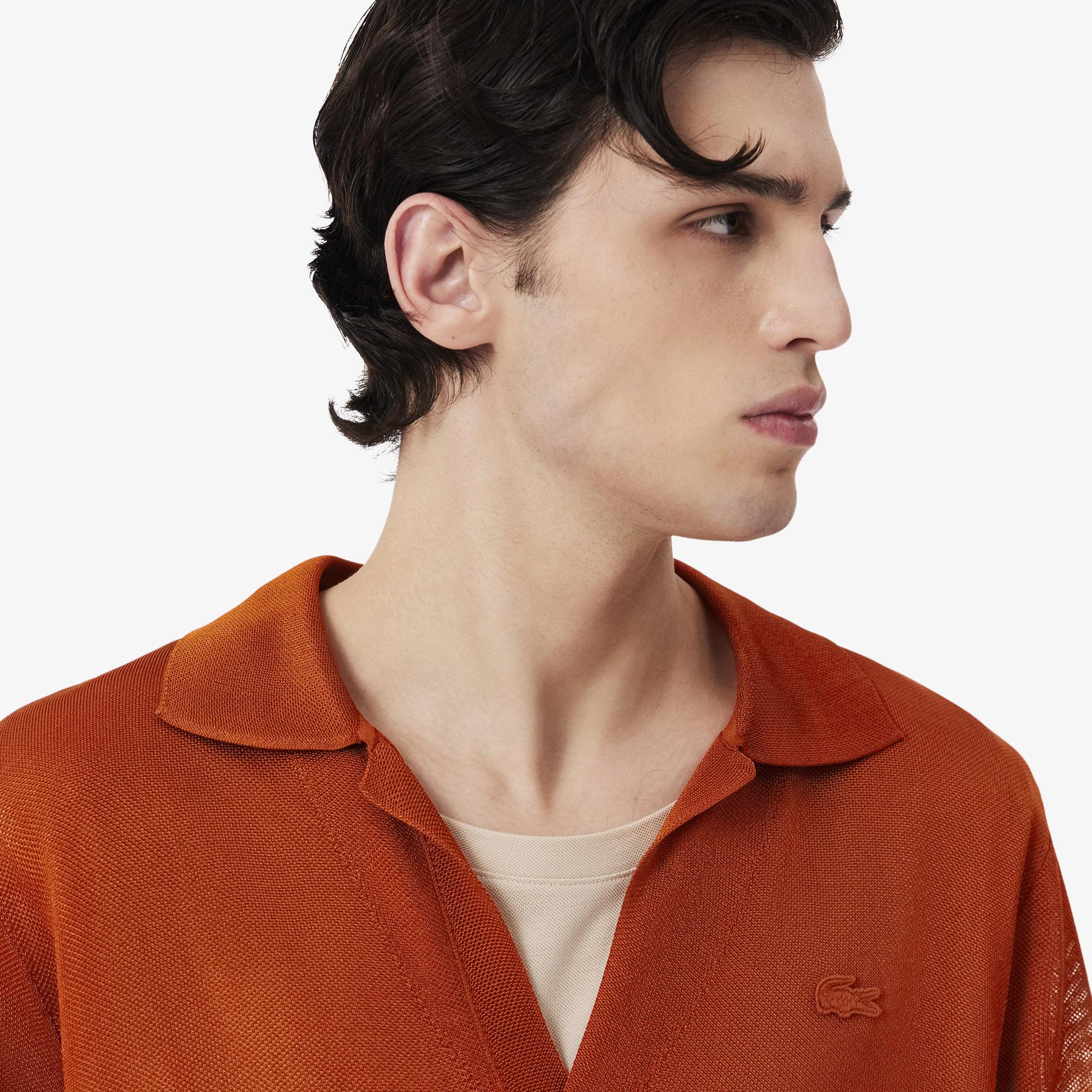 SS26 RUNWAY Erkek Slim Fit Kısa Kollu Polo Yaka Saten Turuncu Triko
