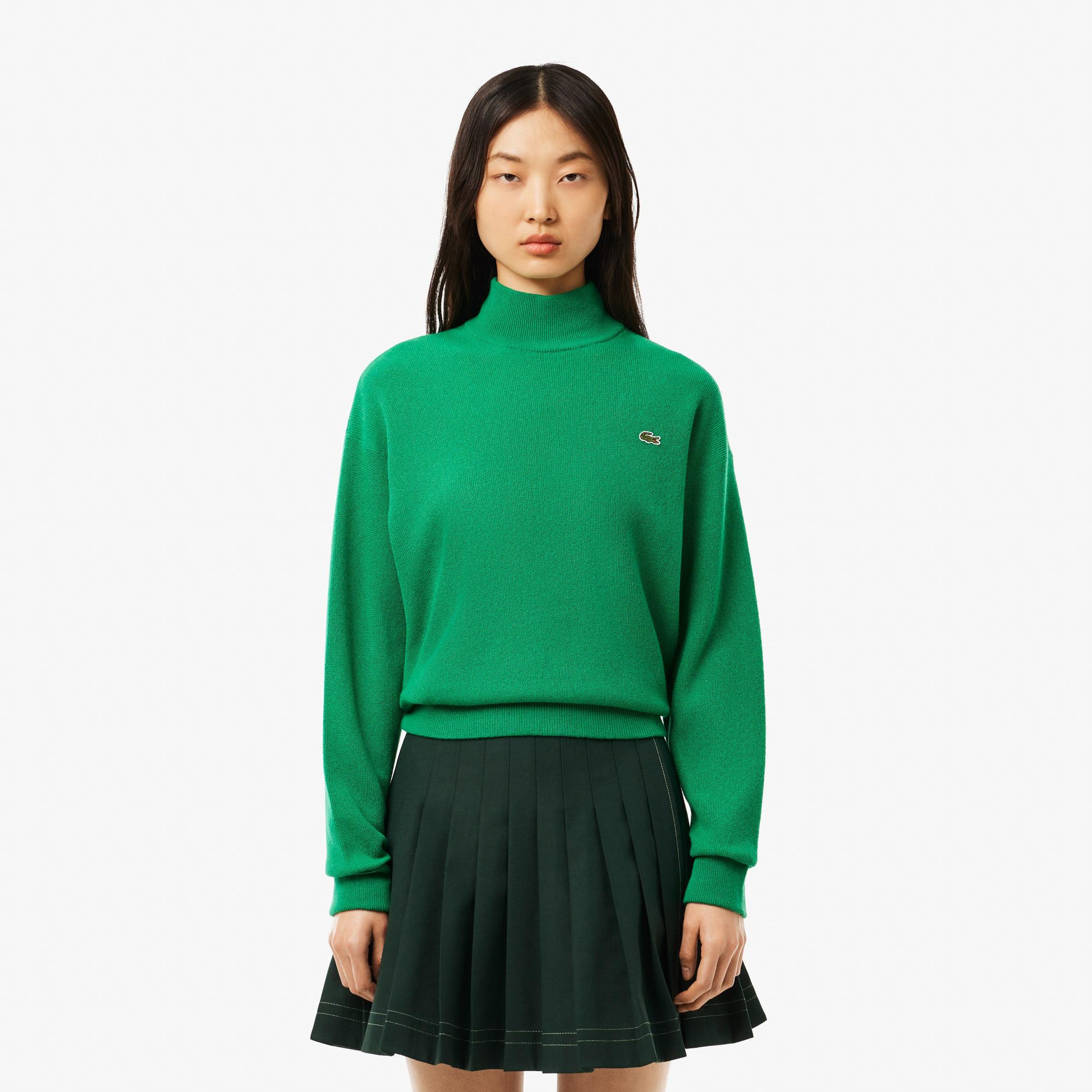 Lacoste Kadın Relaxed Fit Dik Yaka Yün Yeşil Triko
