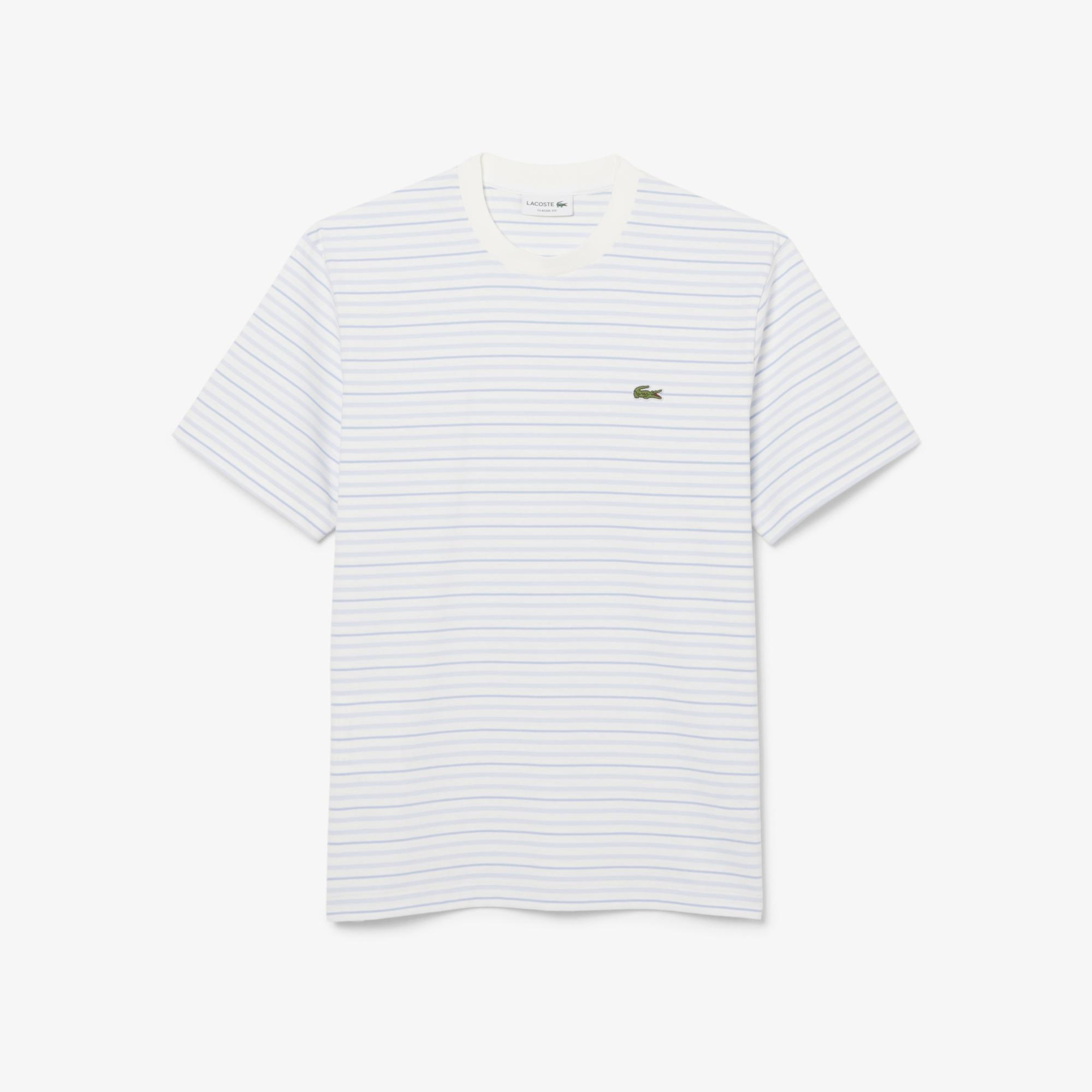 Erkek Classic Fit Bisiklet Yaka Çizgili Beyaz T-Shirt