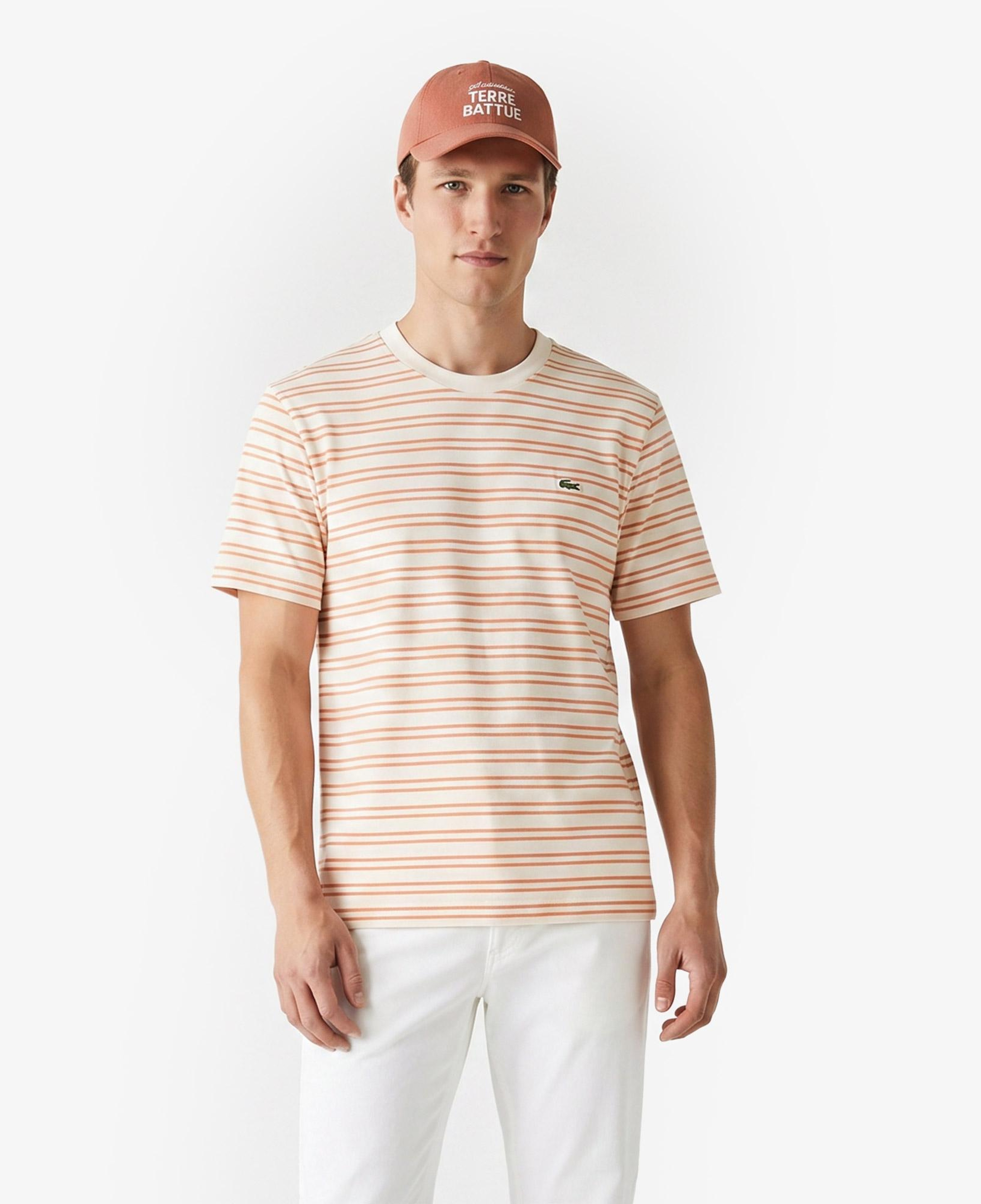 Erkek Classic Fit Bisiklet Yaka Çizgili Turuncu T-Shirt