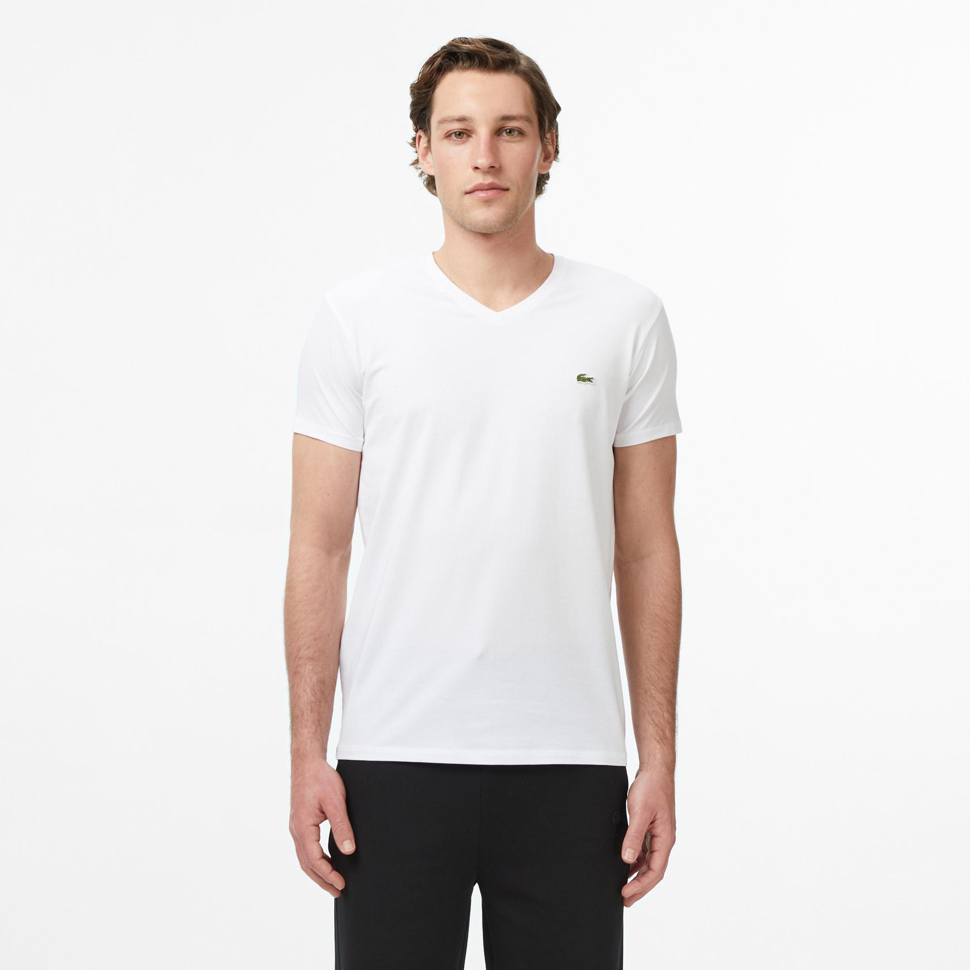 Erkek Slim Fit V Yaka Beyaz T-Shirt