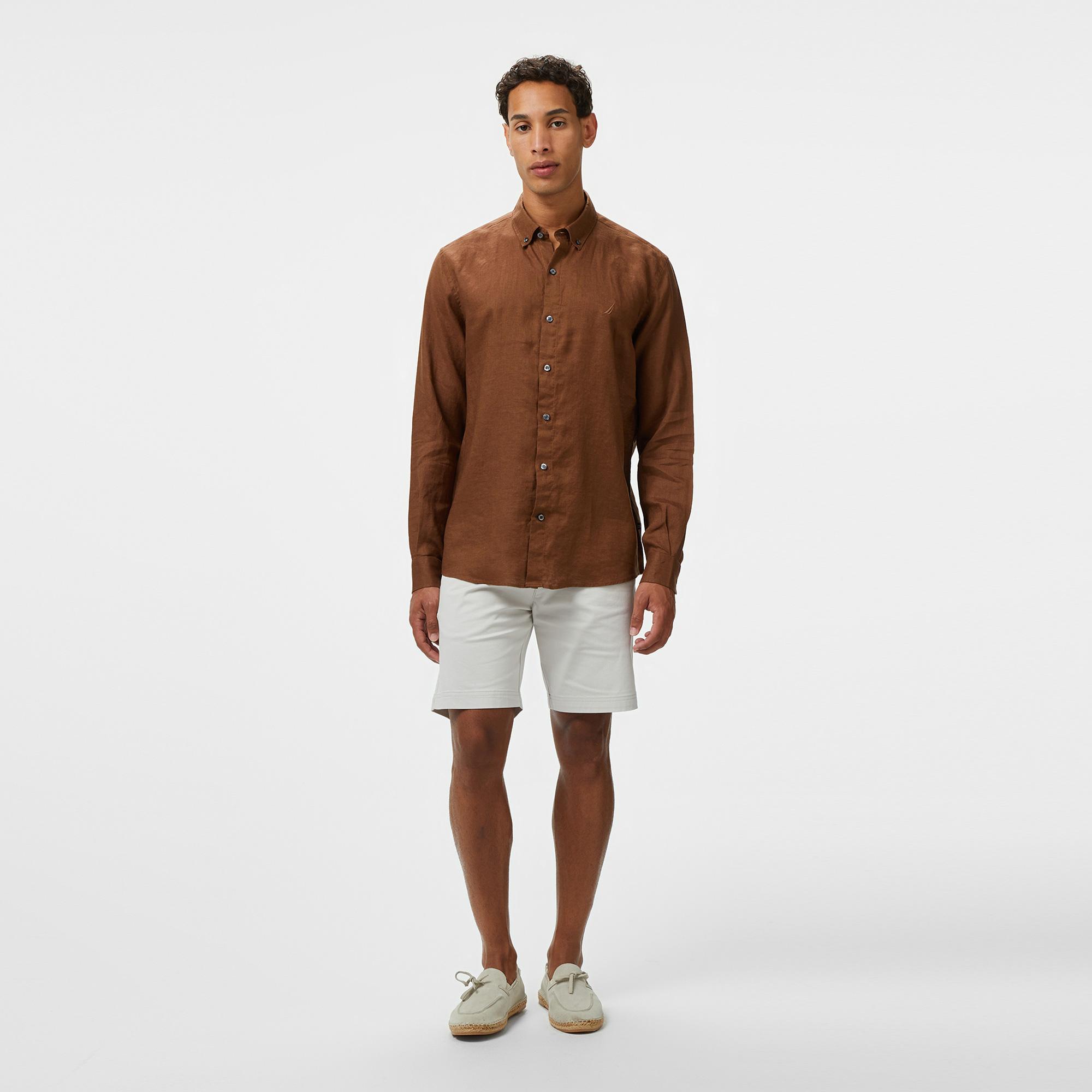 Nautica Erkek Kahverengi Classic Fit Keten Gömlek