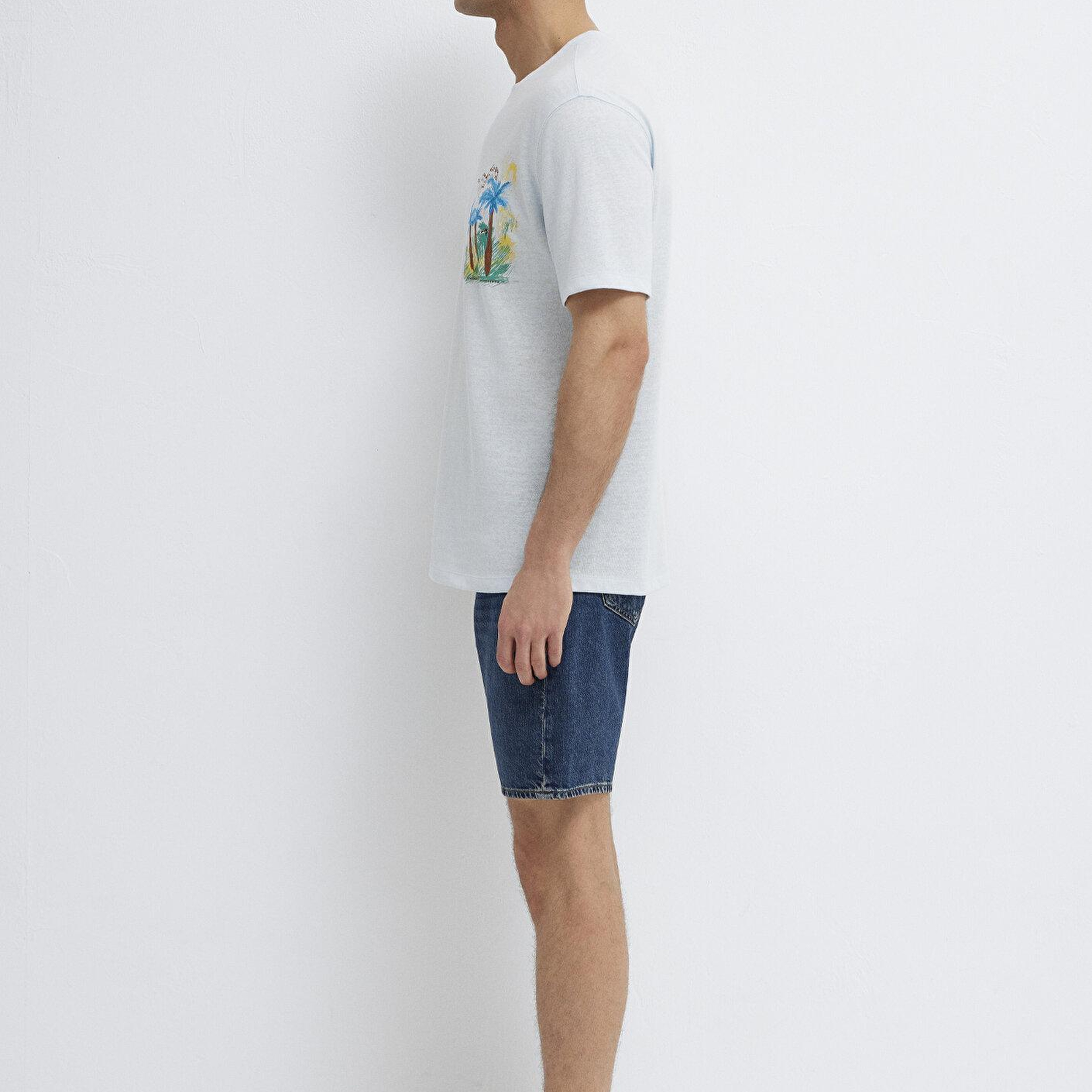 Mavi Baskılı Mavi Tişört Loose Fit / Bol Rahat Kesim 0613321-70775