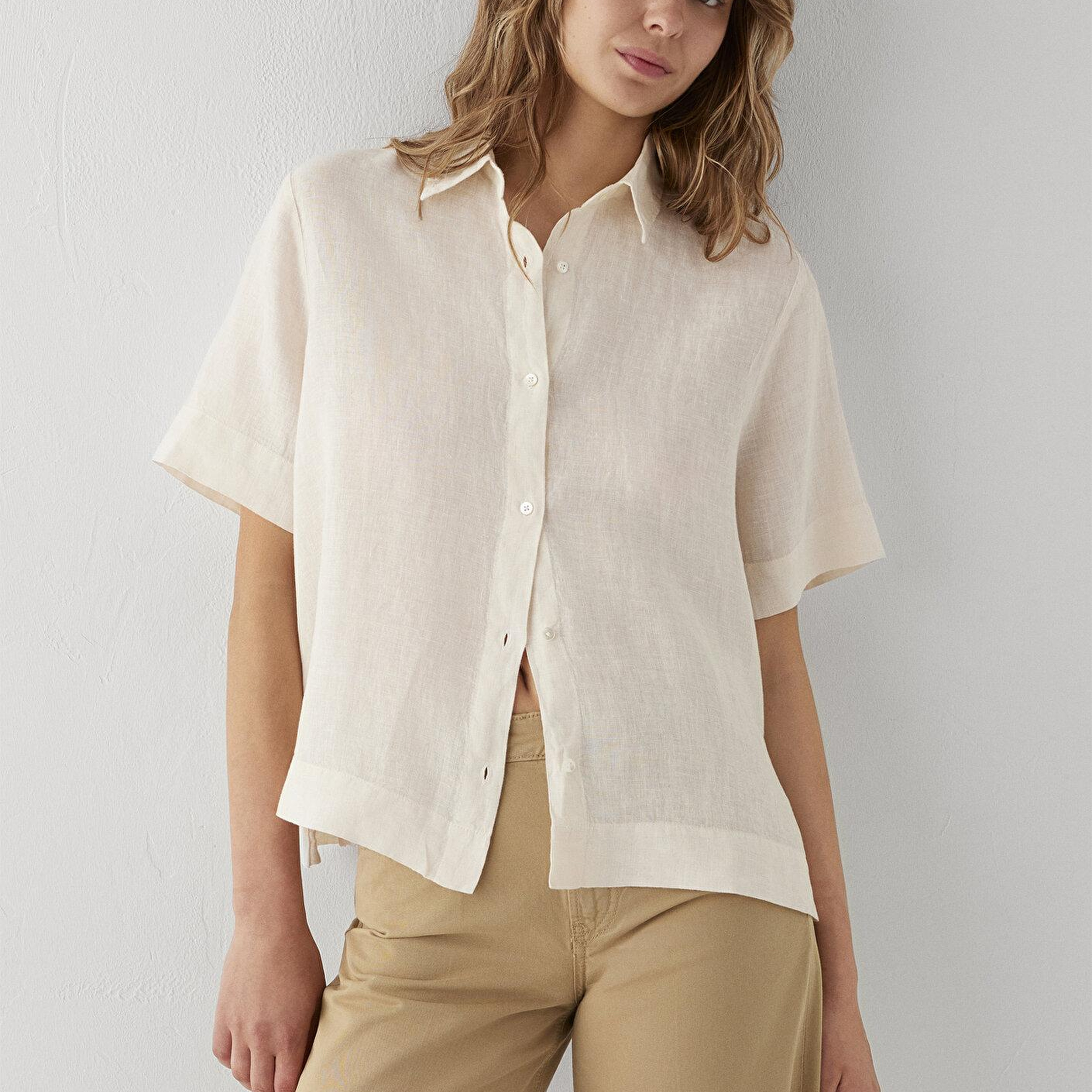 Mavi Ekru Keten Gömlek Oversize / Geniş Kesim 1211532-70048