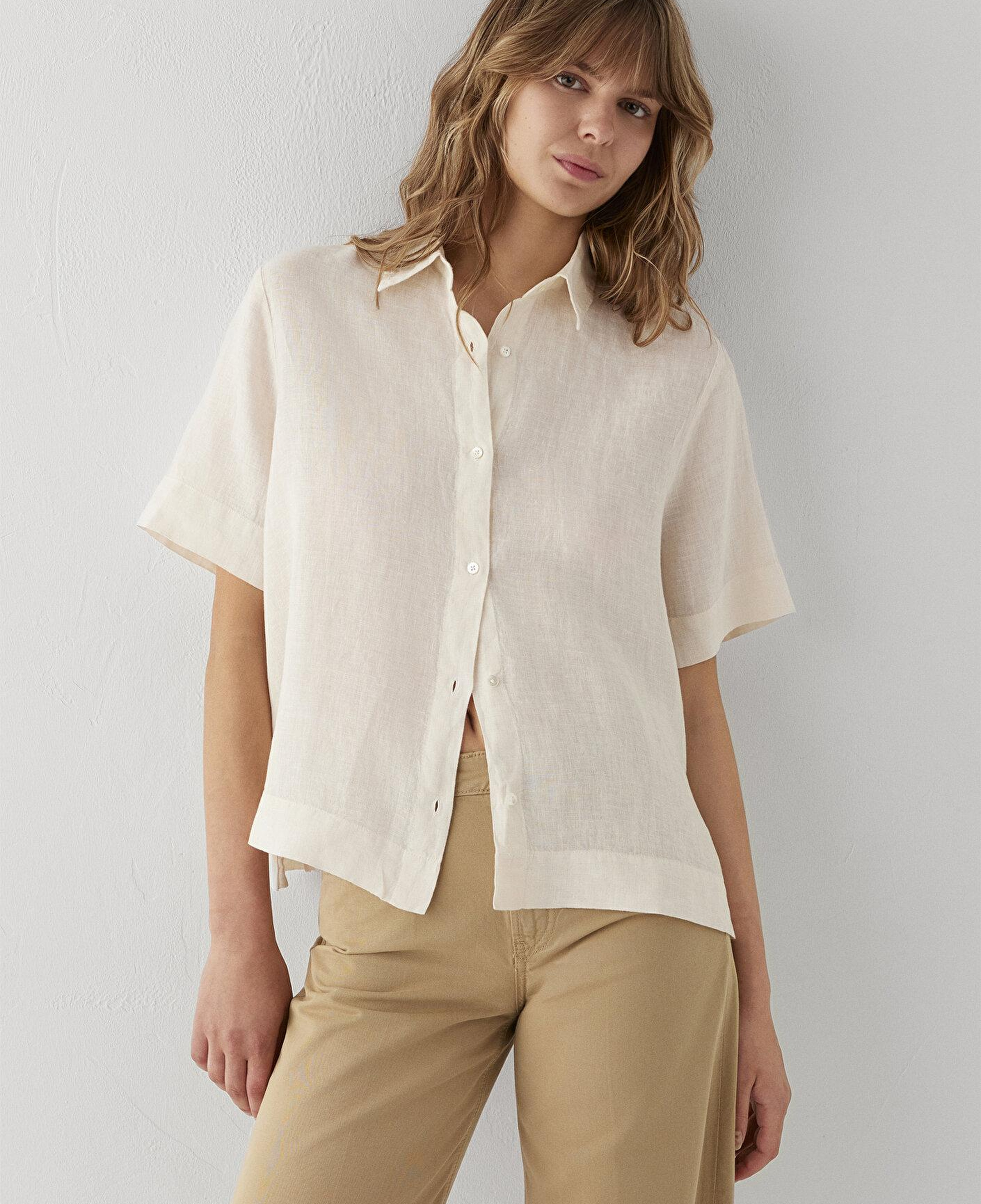Mavi Ekru Keten Gömlek Oversize / Geniş Kesim 1211532-70048