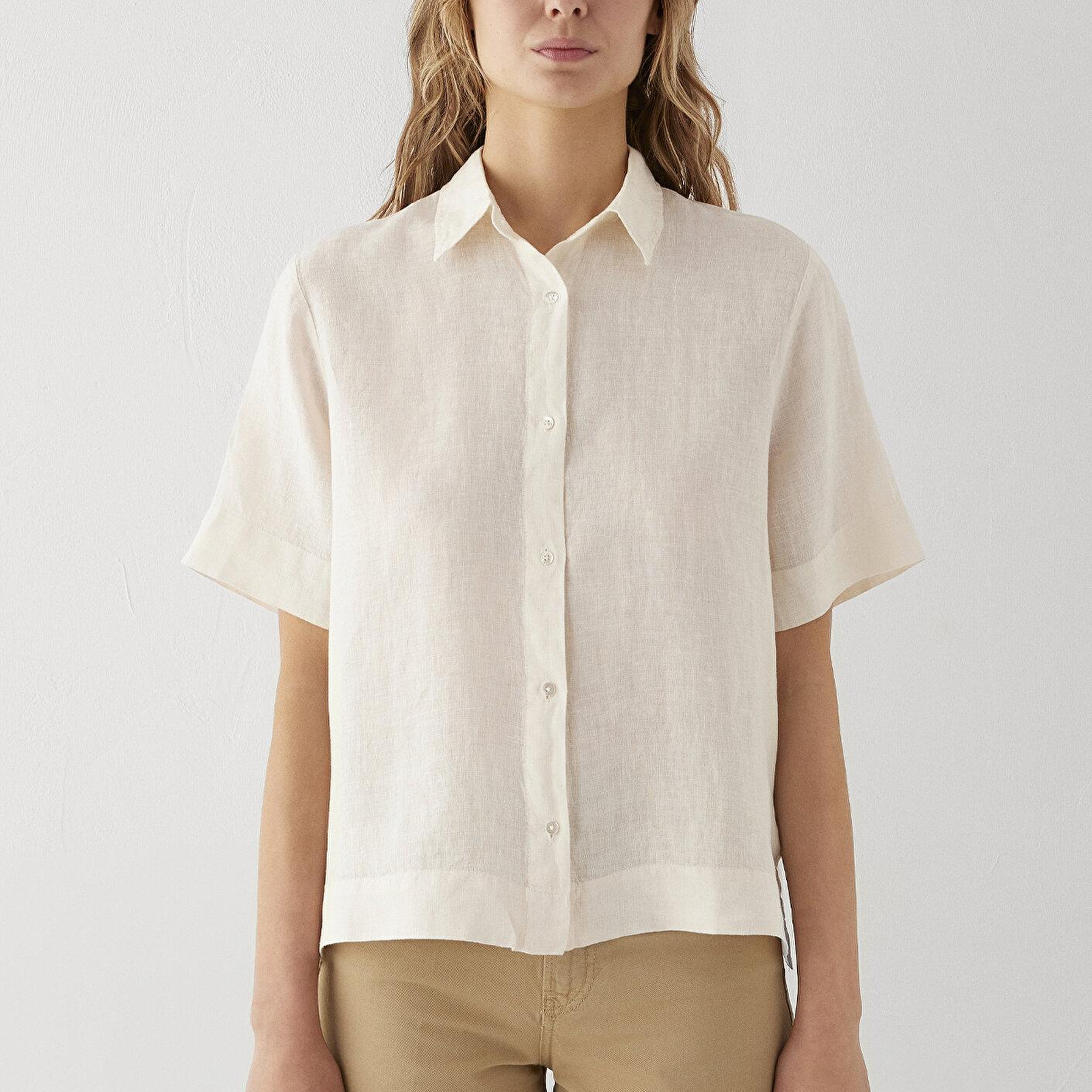 Mavi Ekru Keten Gömlek Oversize / Geniş Kesim 1211532-70048