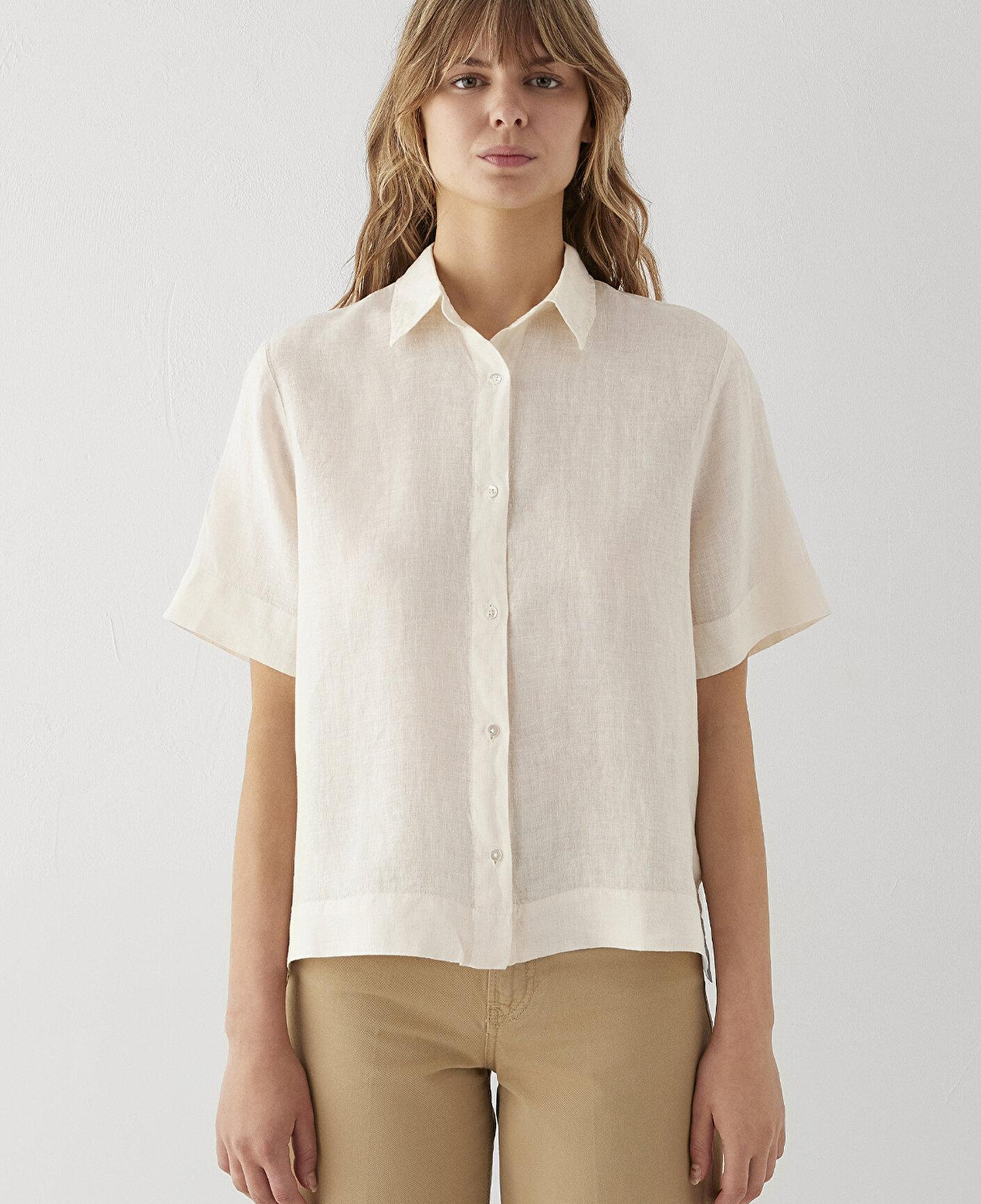 Mavi Ekru Keten Gömlek Oversize / Geniş Kesim 1211532-70048