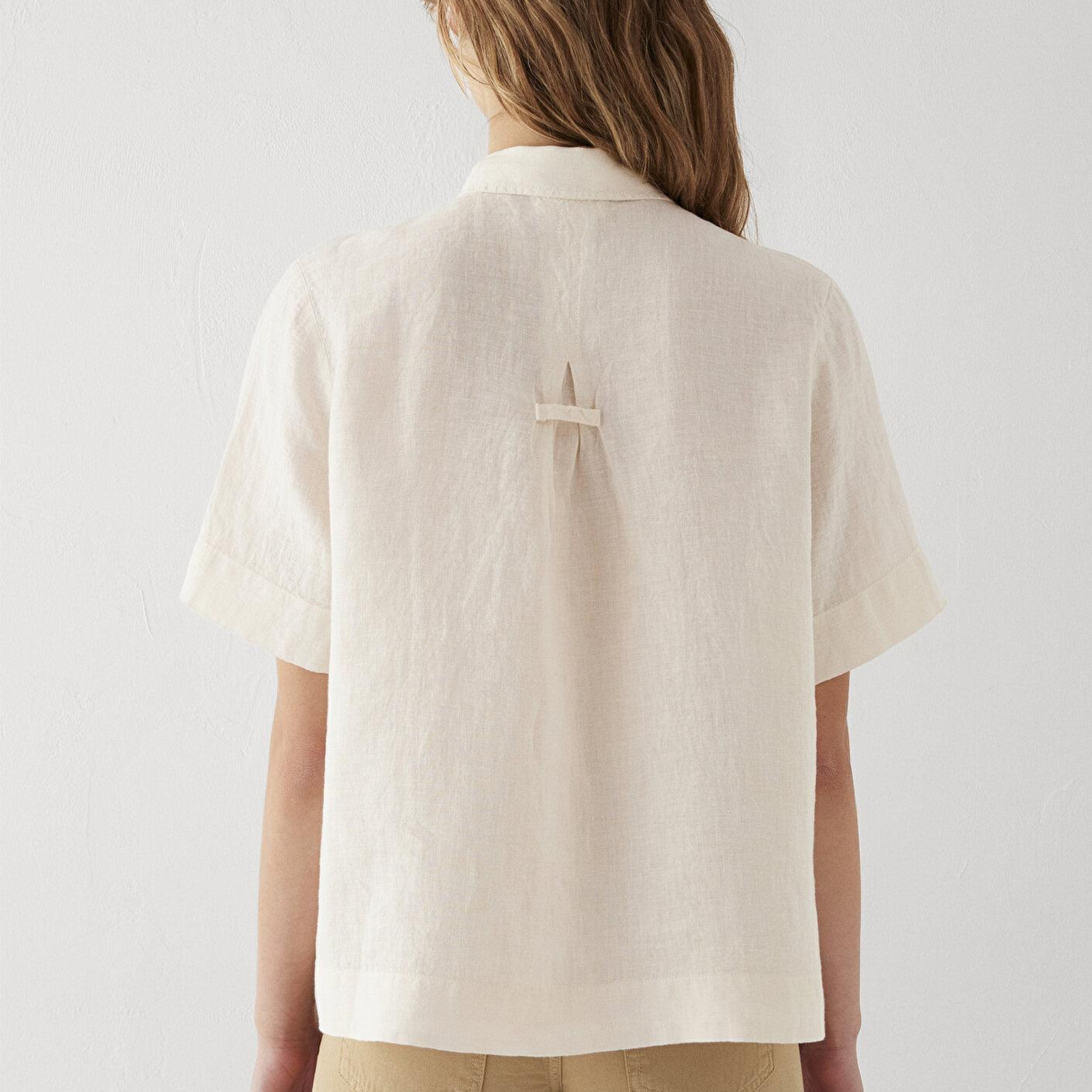 Mavi Ekru Keten Gömlek Oversize / Geniş Kesim 1211532-70048