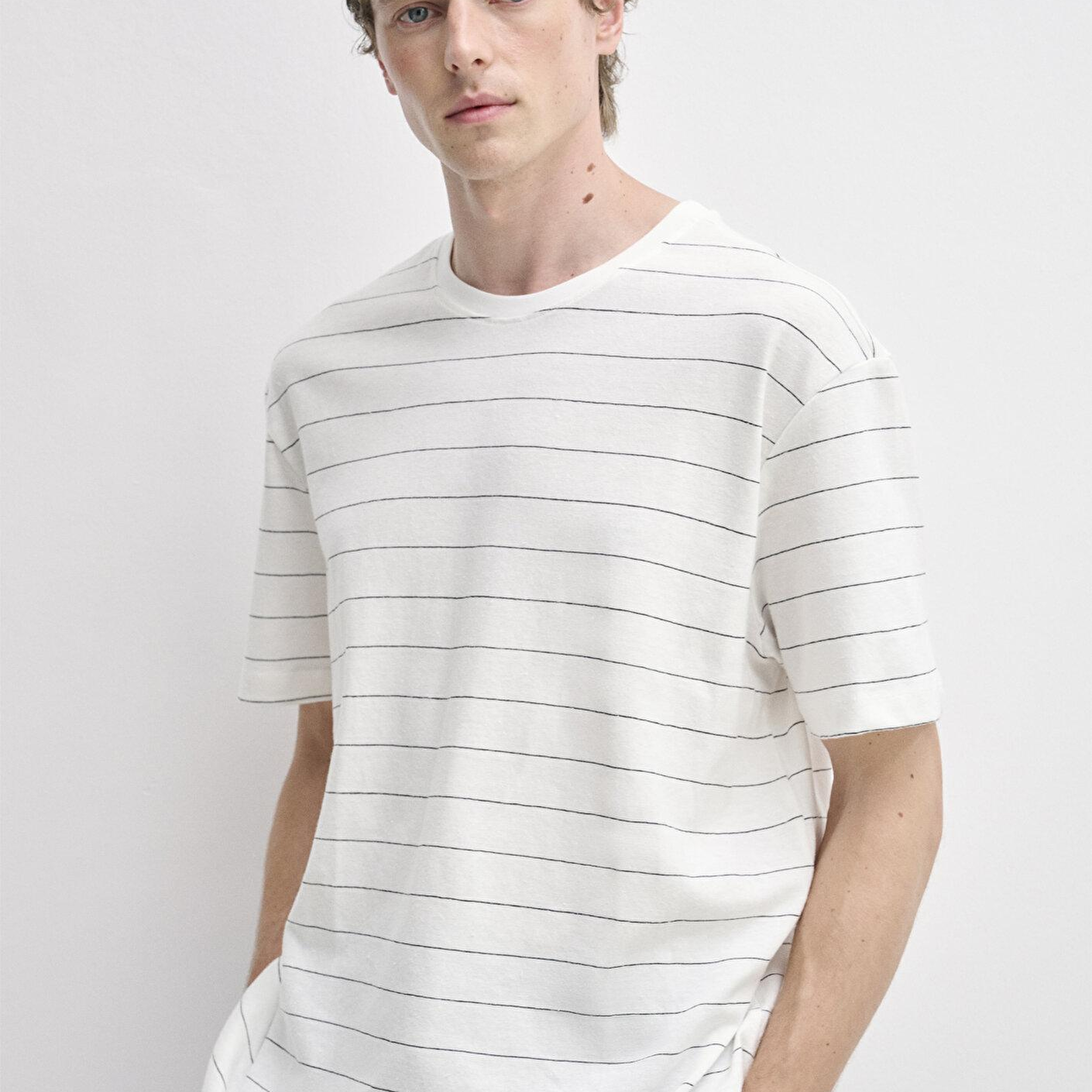 Mavi Çizgili Ekru Tişört Loose Fit / Bol Rahat Kesim 0613641-70055