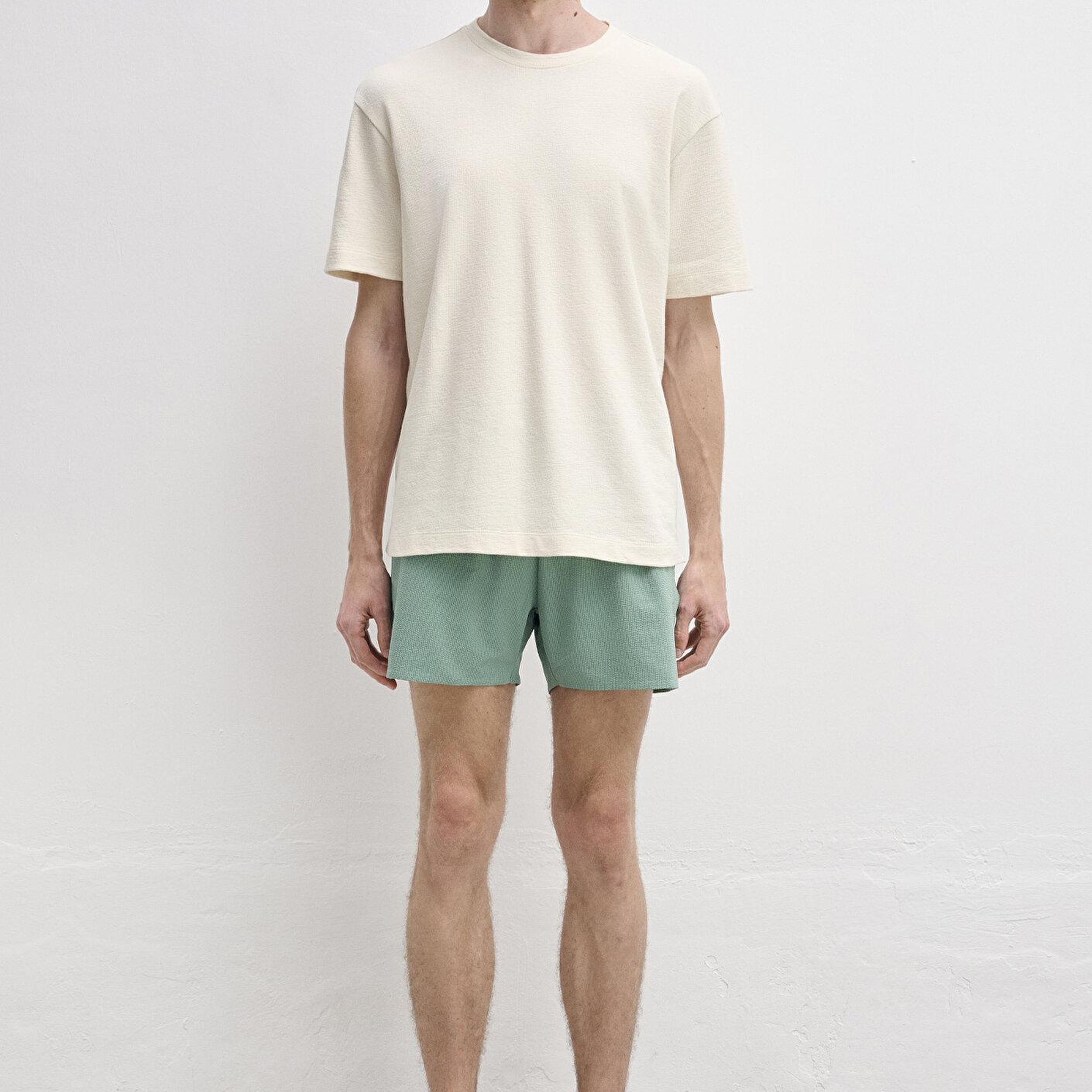 Mavi Dokulu Bej Basic Tişört Loose Fit / Bol Rahat Kesim 0613642-70055