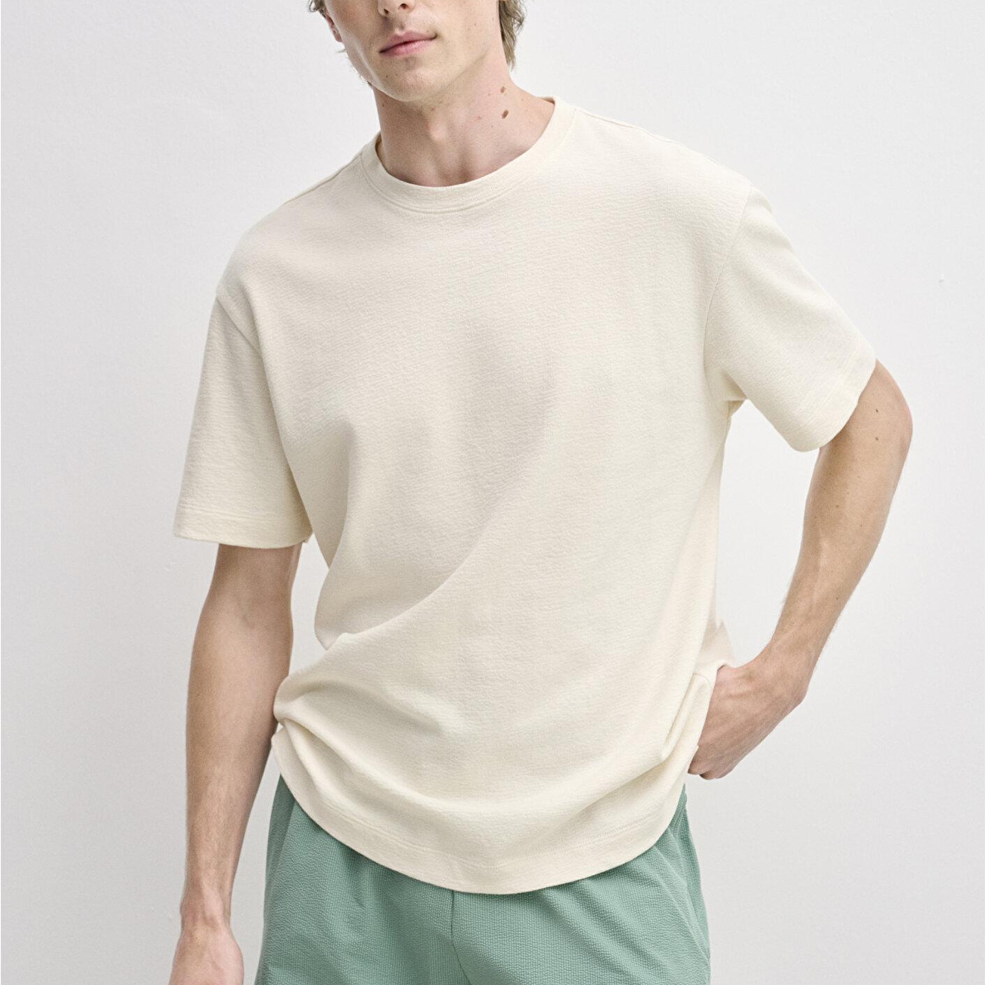Mavi Dokulu Bej Basic Tişört Loose Fit / Bol Rahat Kesim 0613642-70055