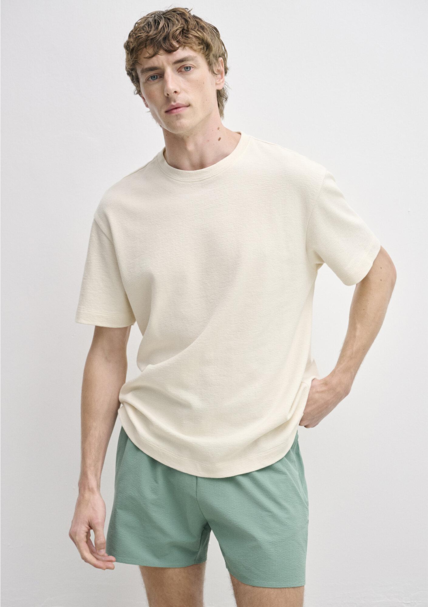 Mavi Dokulu Bej Basic Tişört Loose Fit / Bol Rahat Kesim 0613642-70055