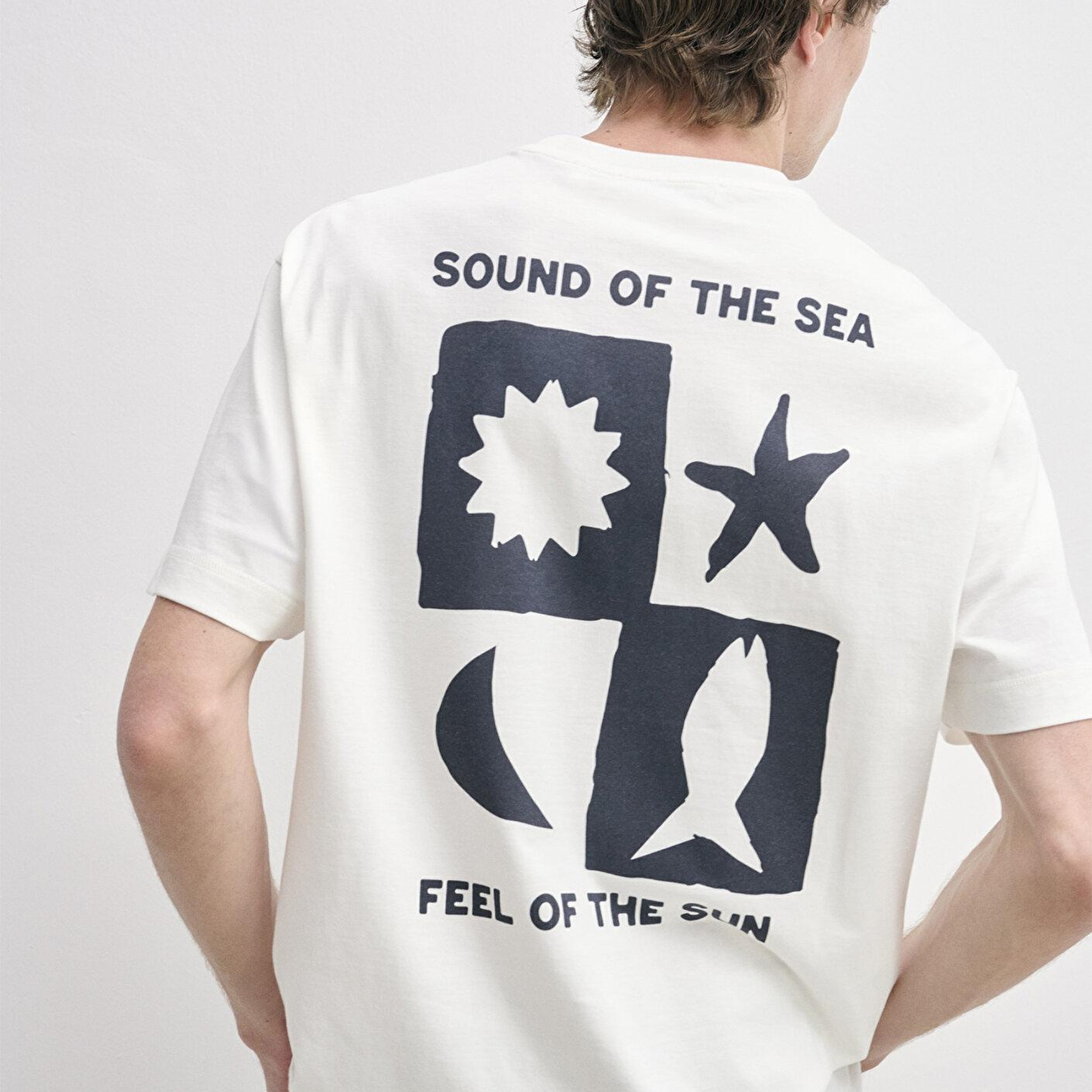 Mavi Sound Of The Sea Baskılı Ekru Tişört Loose Fit / Bol Rahat Kesim 0613646-70057