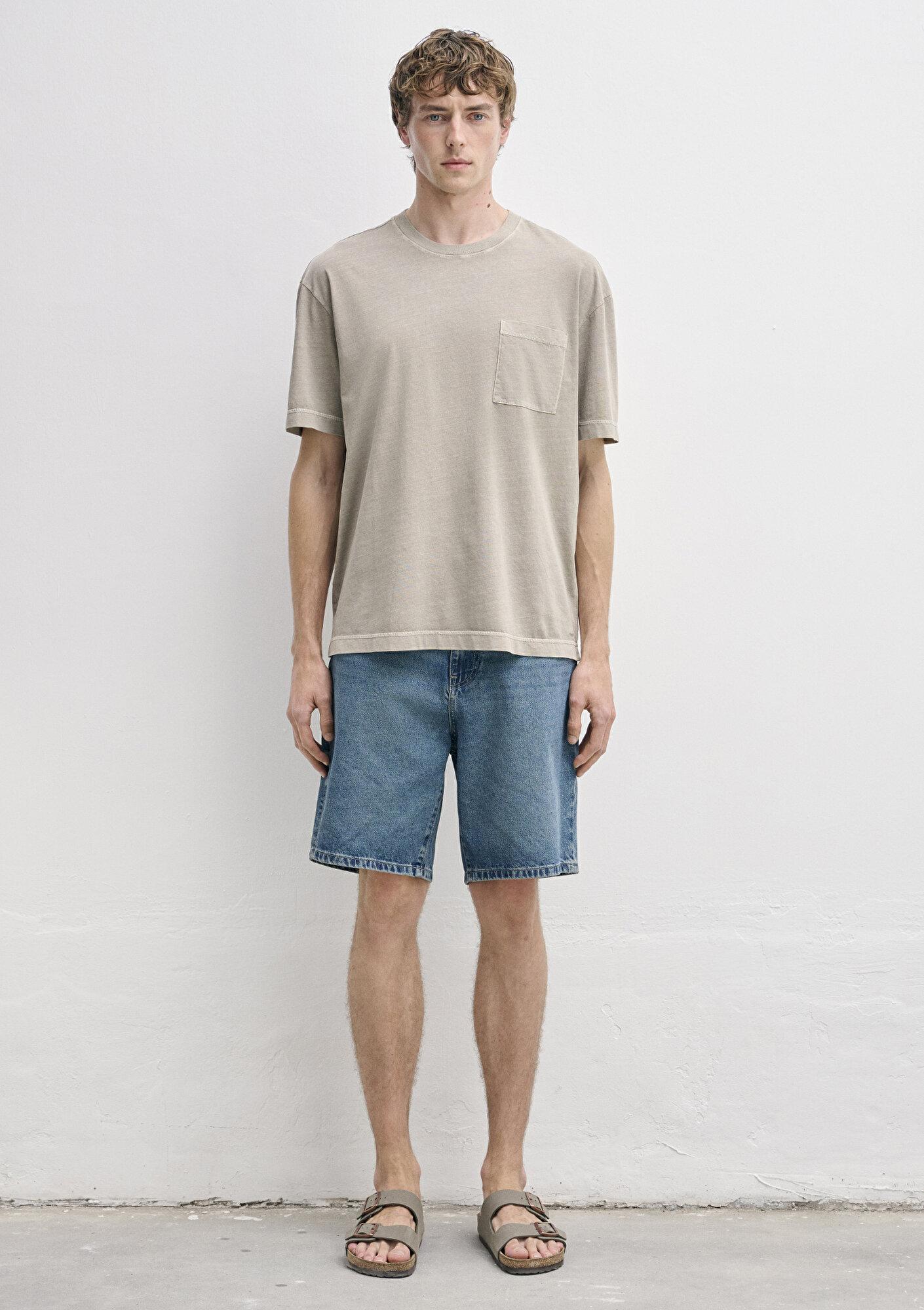 Mavi Cepli Kahverengi Basic Tişört Loose Fit / Bol Rahat Kesim 0613643-80656