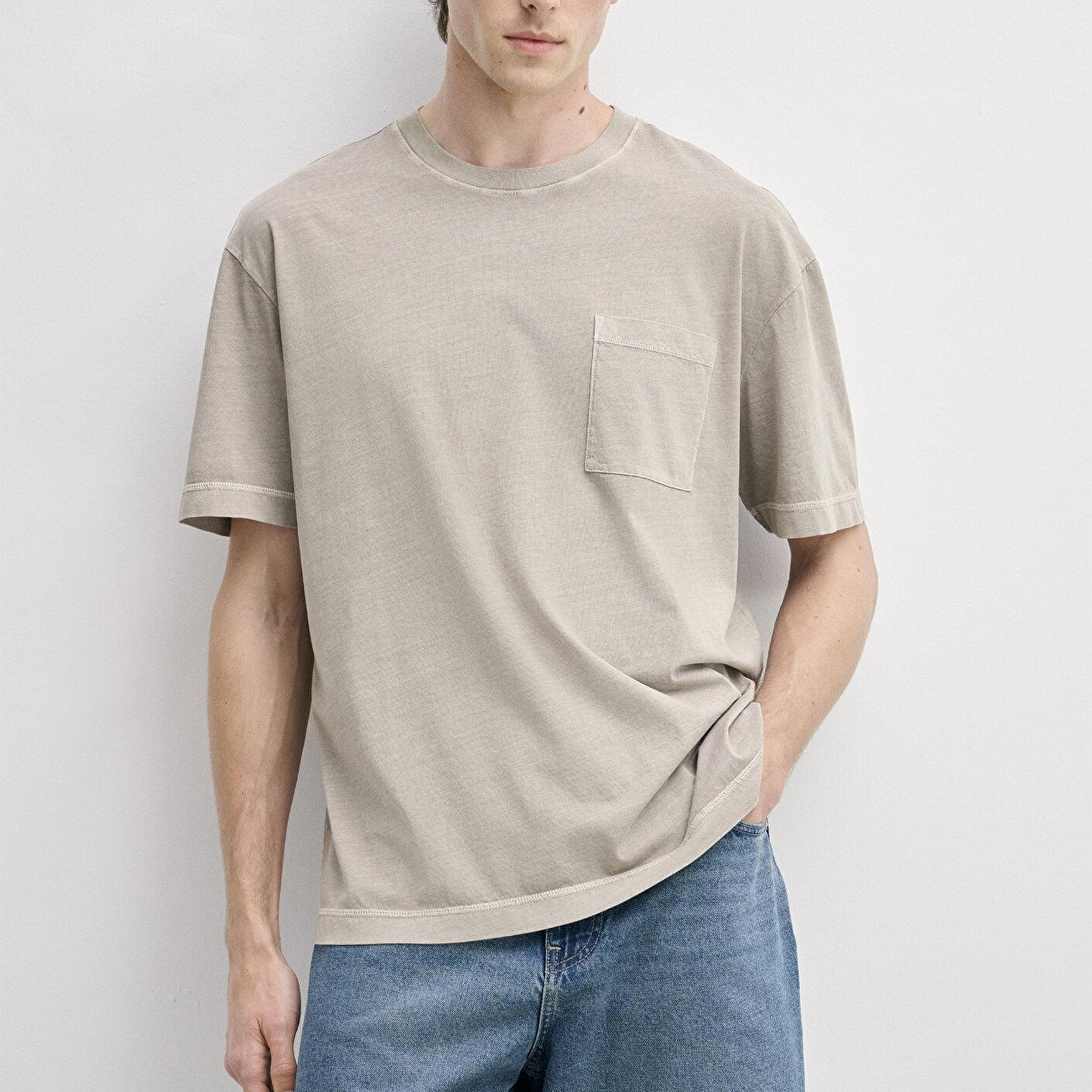 Mavi Cepli Kahverengi Basic Tişört Loose Fit / Bol Rahat Kesim 0613643-80656