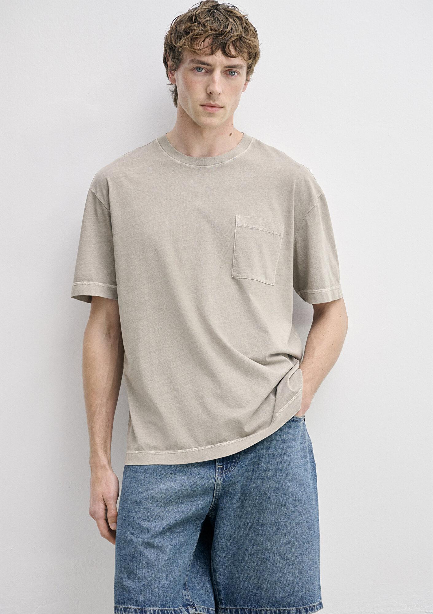 Mavi Cepli Kahverengi Basic Tişört Loose Fit / Bol Rahat Kesim 0613643-80656