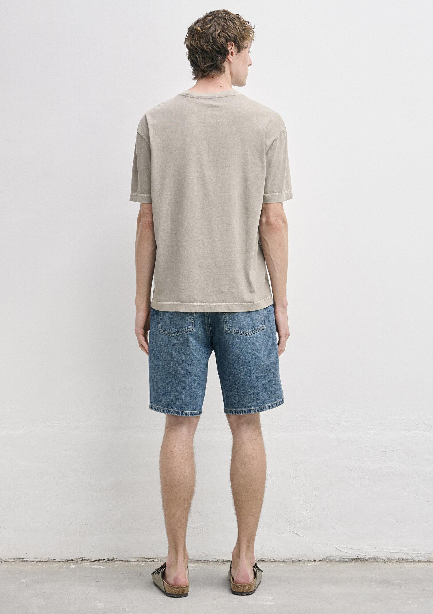 Mavi Cepli Kahverengi Basic Tişört Loose Fit / Bol Rahat Kesim 0613643-80656