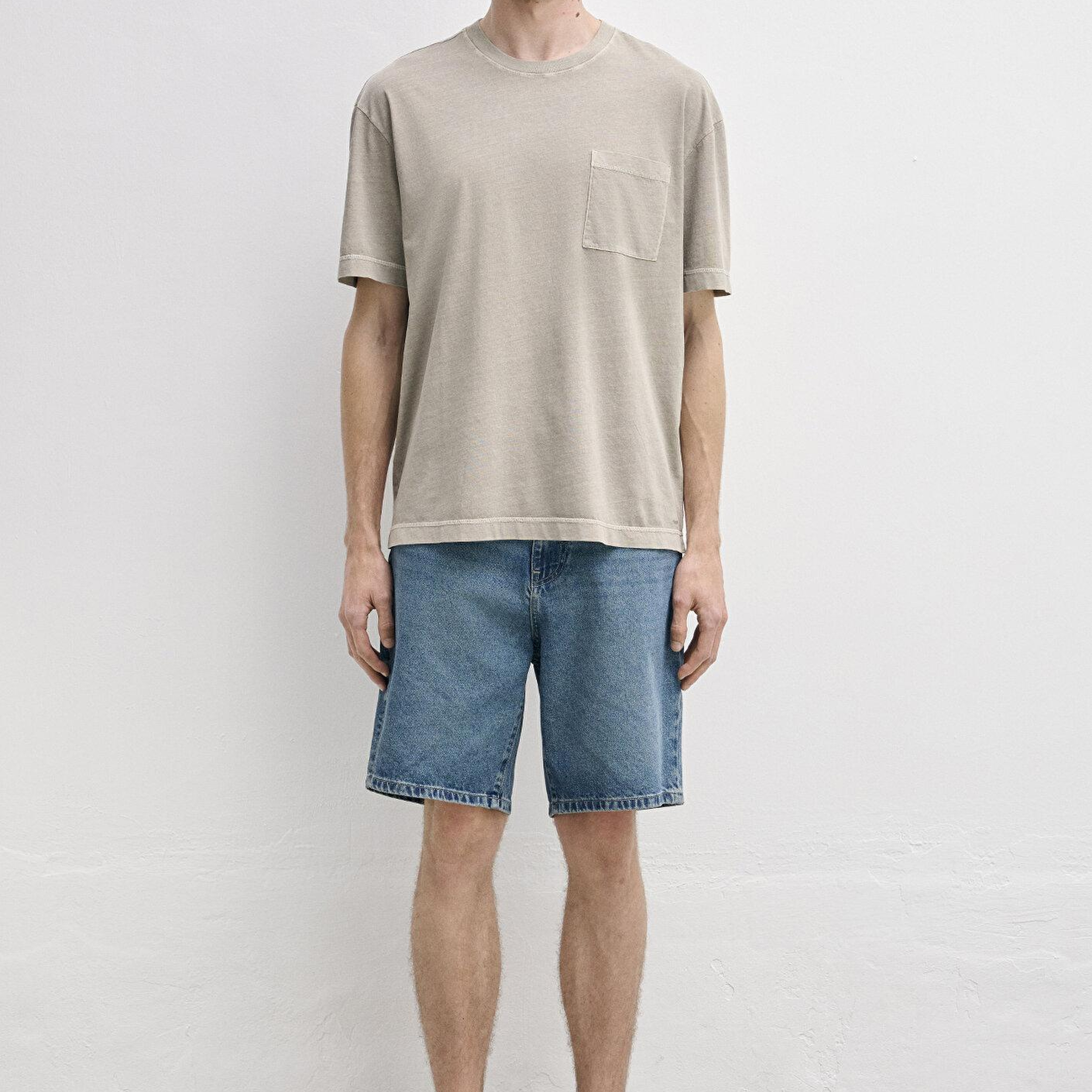 Mavi Cepli Kahverengi Basic Tişört Loose Fit / Bol Rahat Kesim 0613643-80656