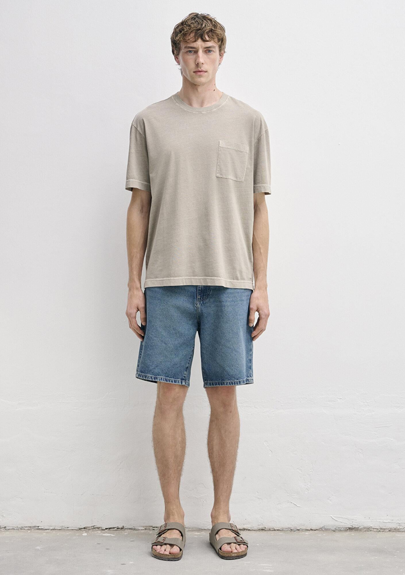 Mavi Cepli Kahverengi Basic Tişört Loose Fit / Bol Rahat Kesim 0613643-80656