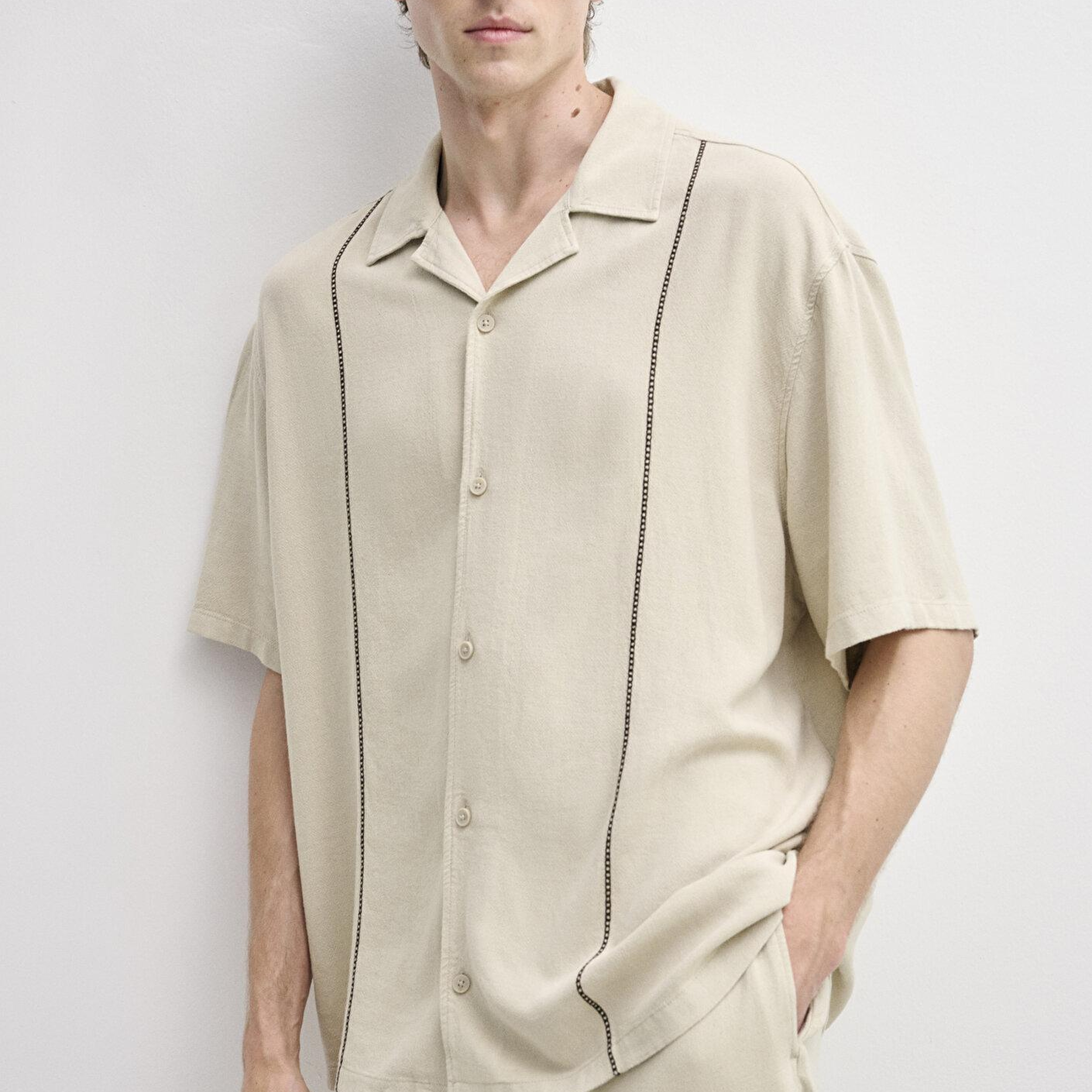 Mavi Keten Karışımlı Kısa Kollu Bej Gömlek Loose Fit / Bol Rahat Kesim 0212142-70182