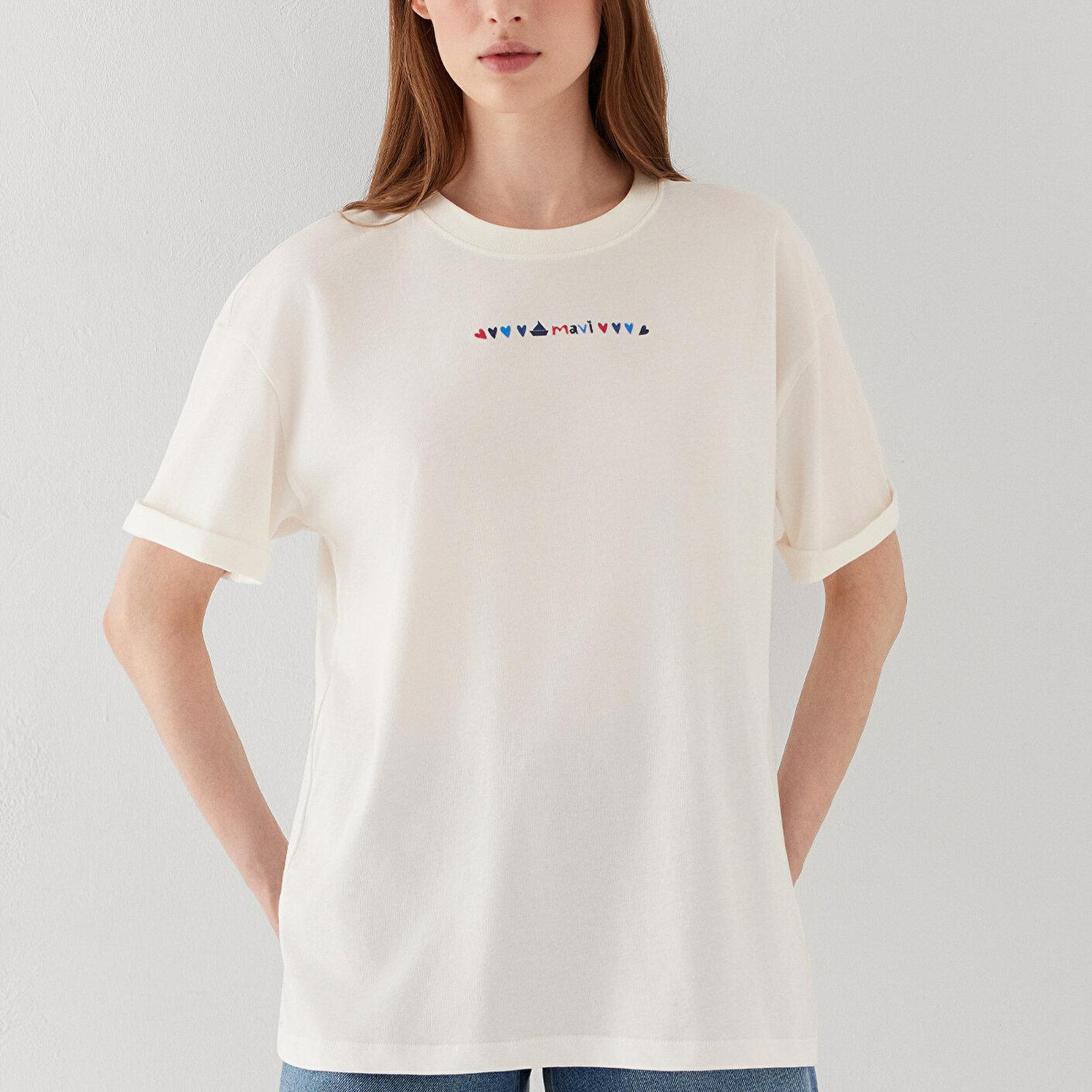 Mavi Ekru Tişört Loose Fit / Bol Rahat Kesim 1614301-70057