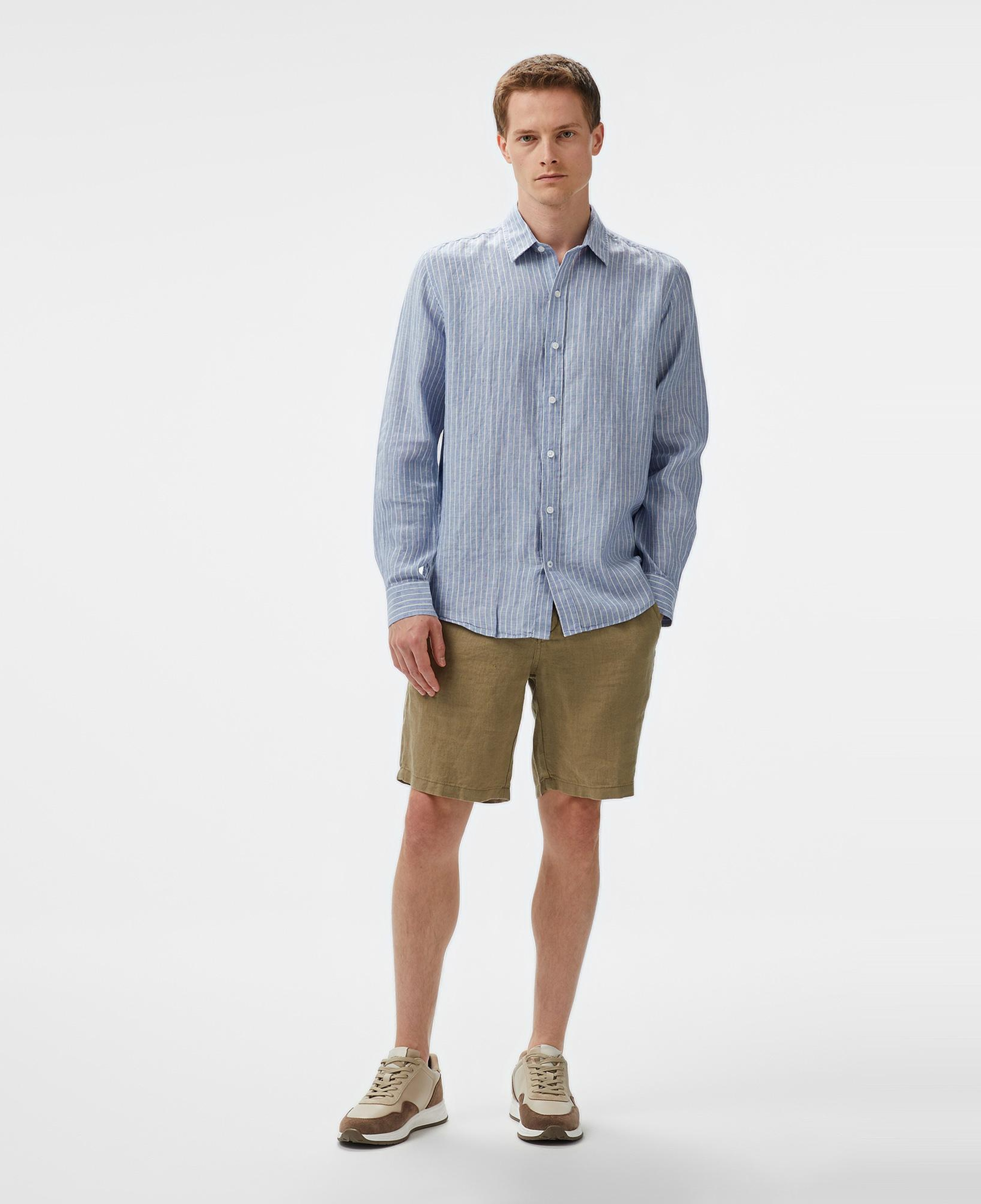 Nautica Erkek Mavi Classic Fit Çizgili Keten Gömlek