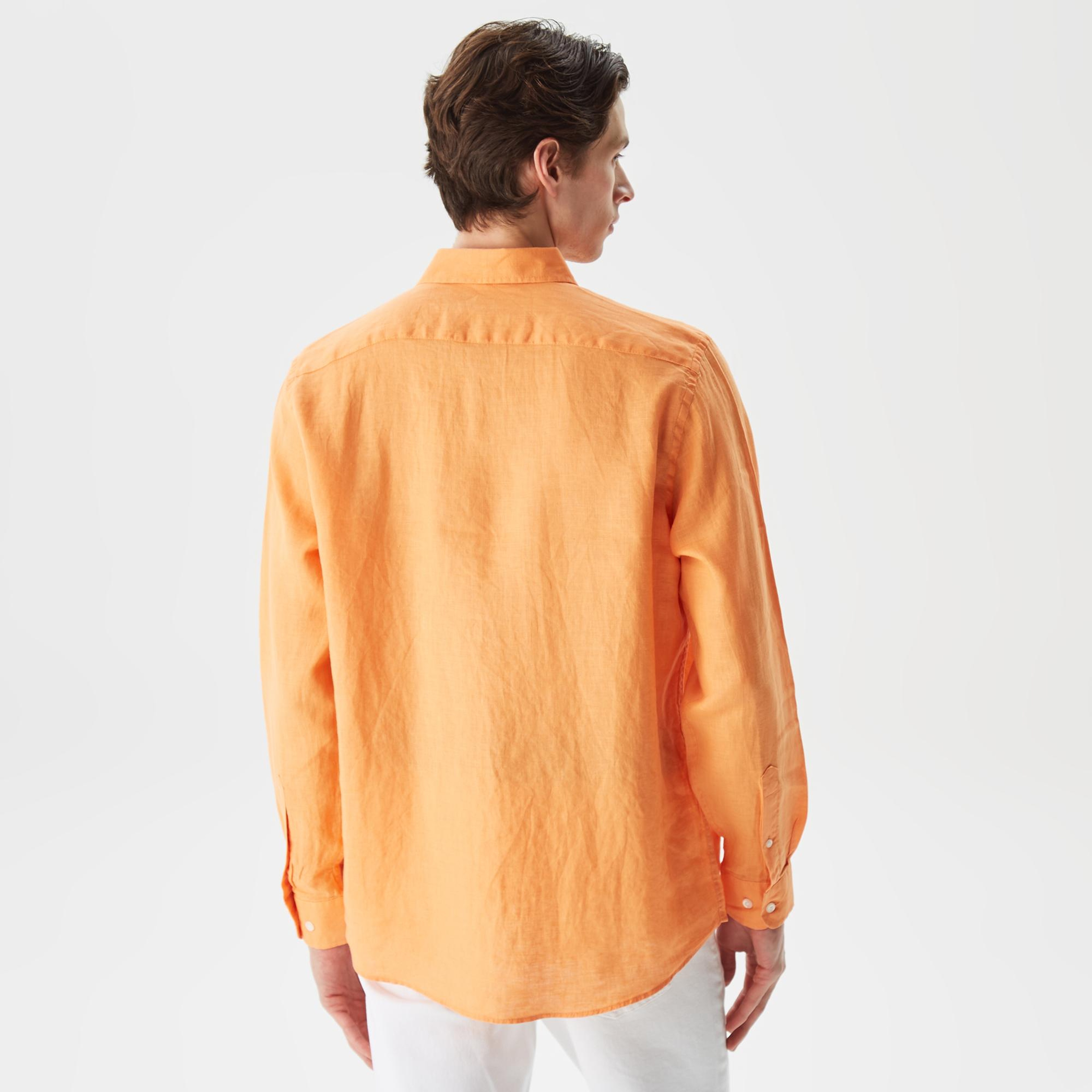 Nautica Erkek Turuncu Classic Fit Uzun Kollu Keten Gömlek