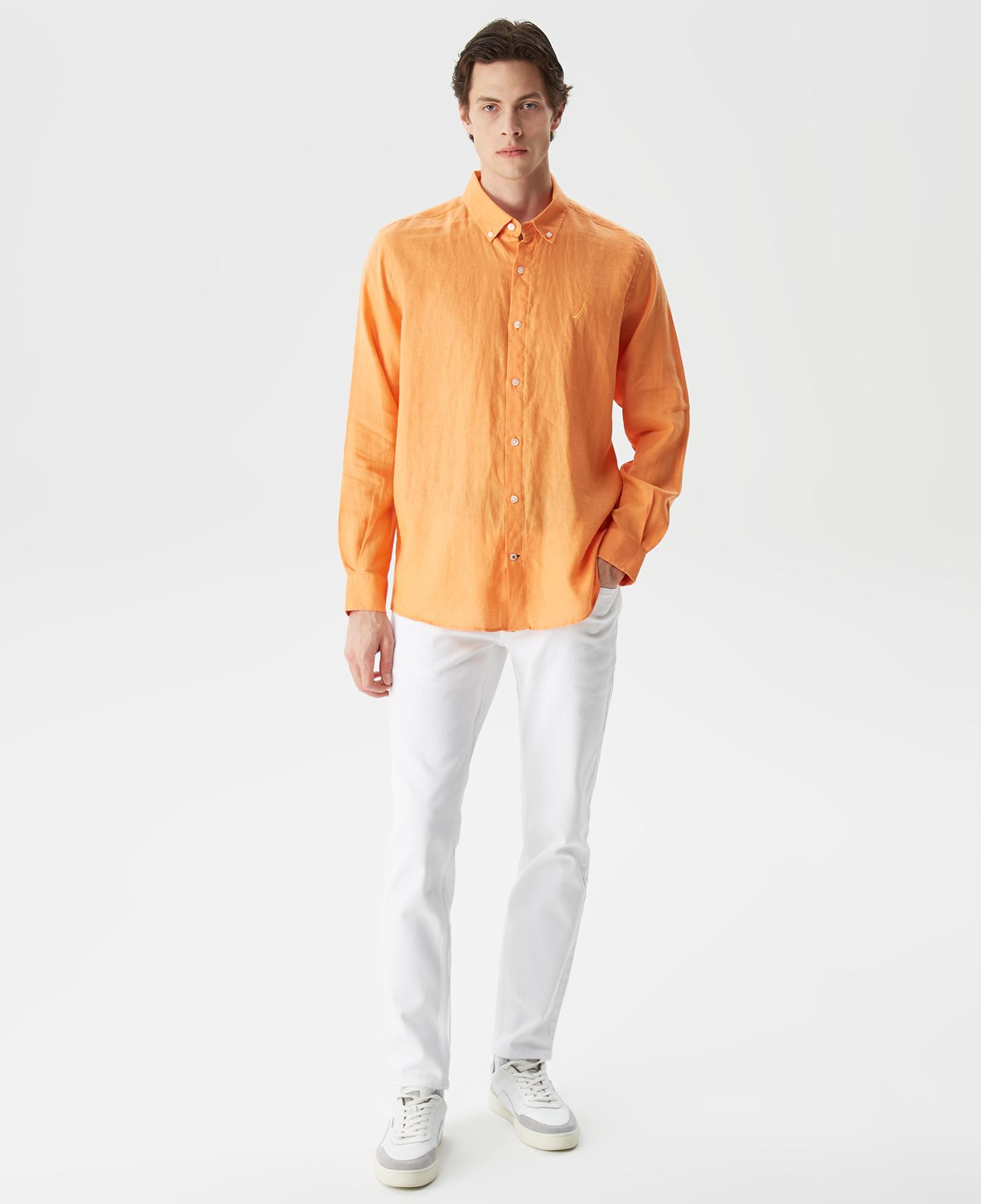 Nautica Erkek Turuncu Classic Fit Uzun Kollu Keten Gömlek