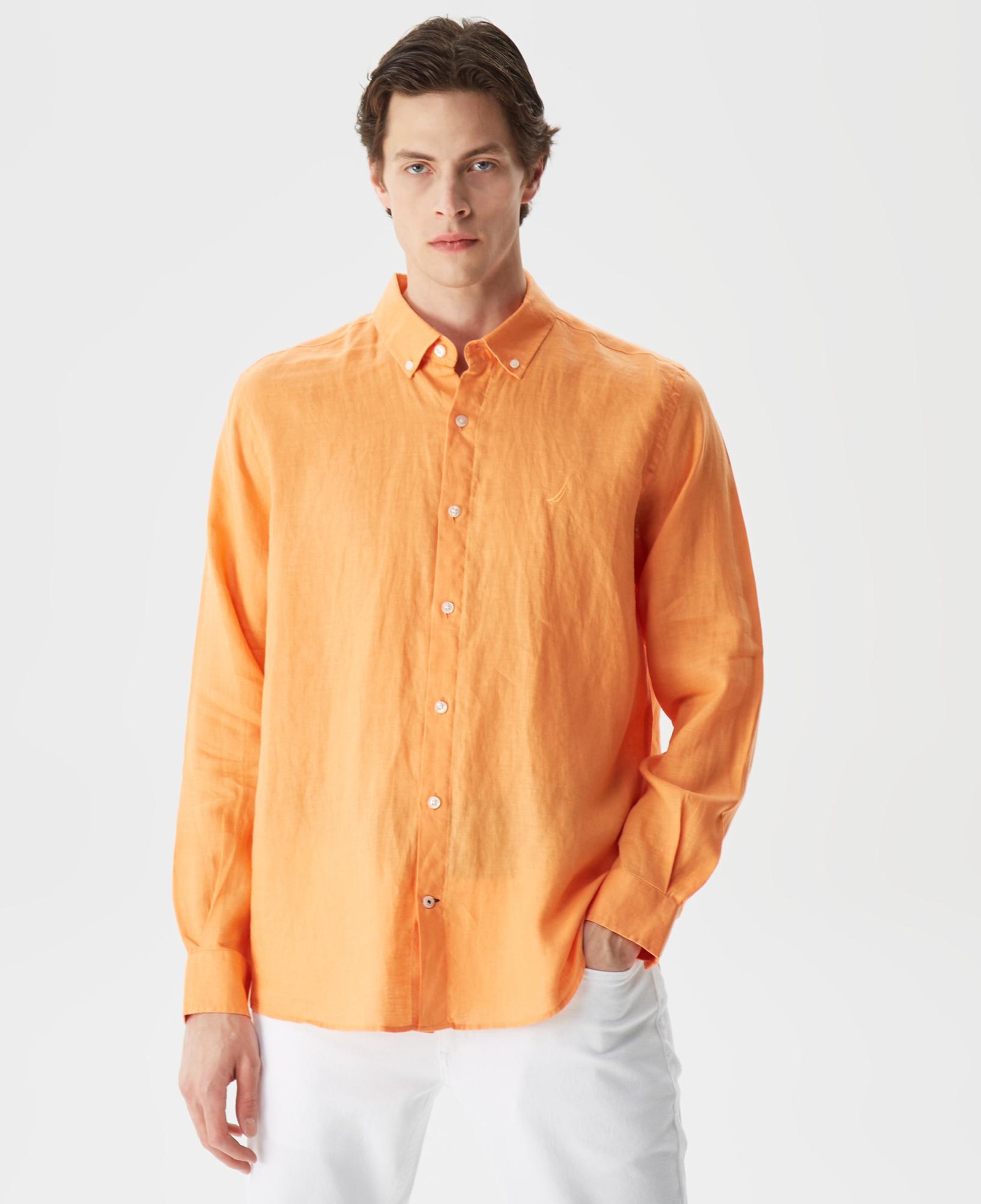 Nautica Erkek Turuncu Classic Fit Uzun Kollu Keten Gömlek
