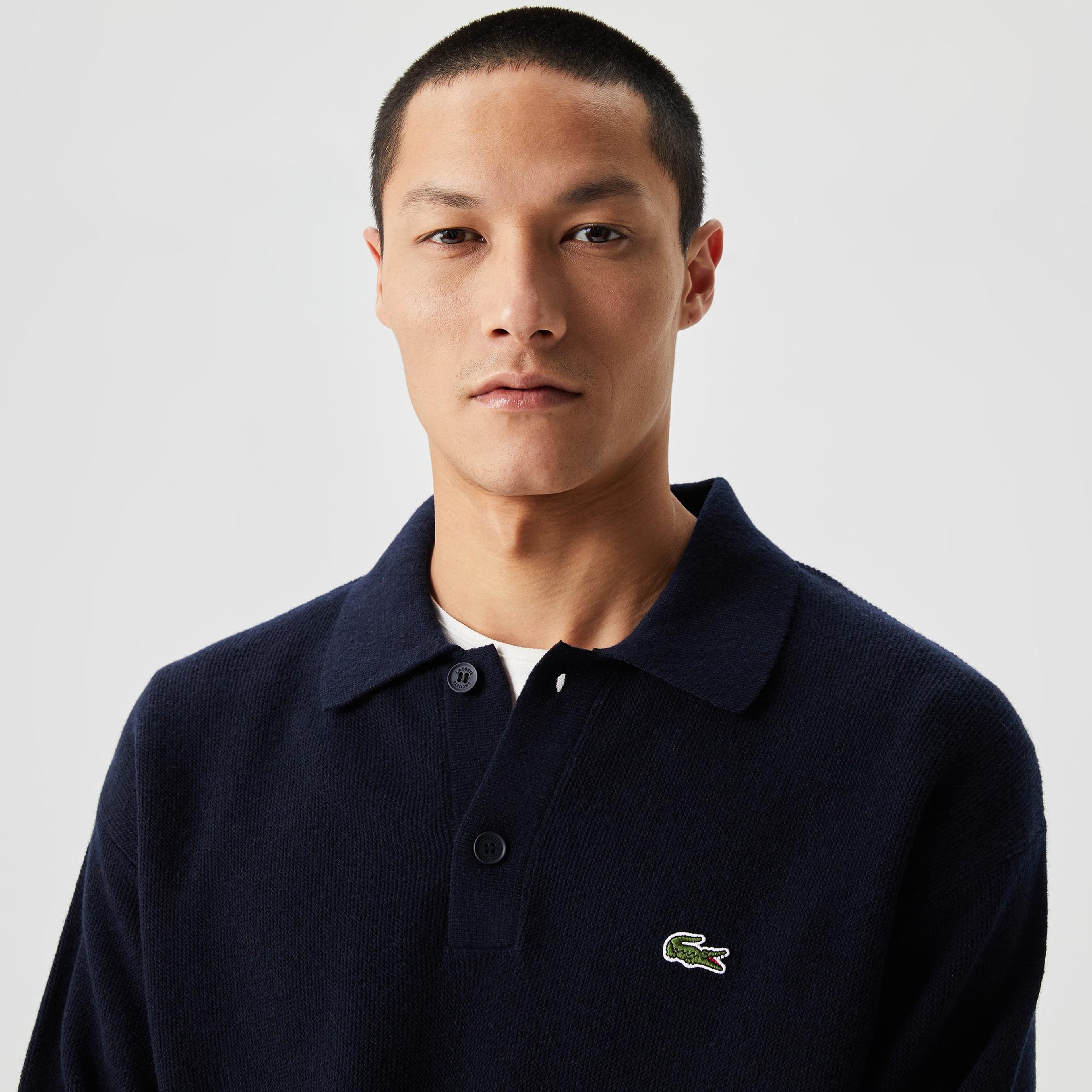 Erkek Relaxed Fit Polo Yaka Yün Lacivert Triko
