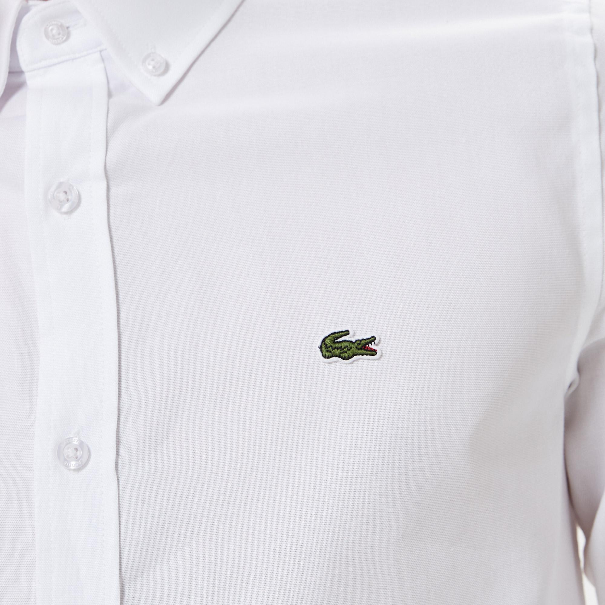 Erkek Slim Fit Düğmeli Yaka Beyaz Gömlek