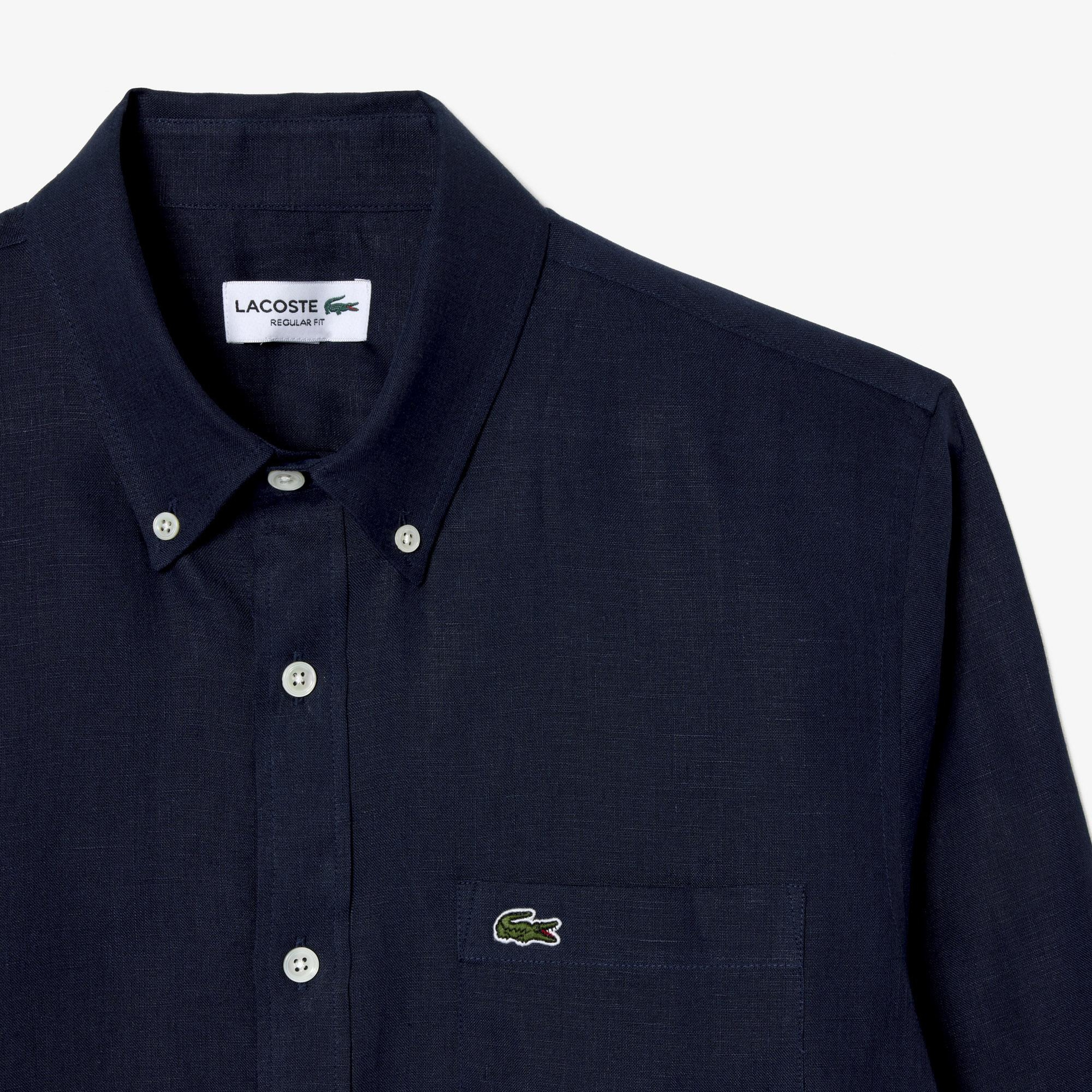 Lacoste Erkek Regular Fit Düğmeli Yaka Keten Lacivert Gömlek
