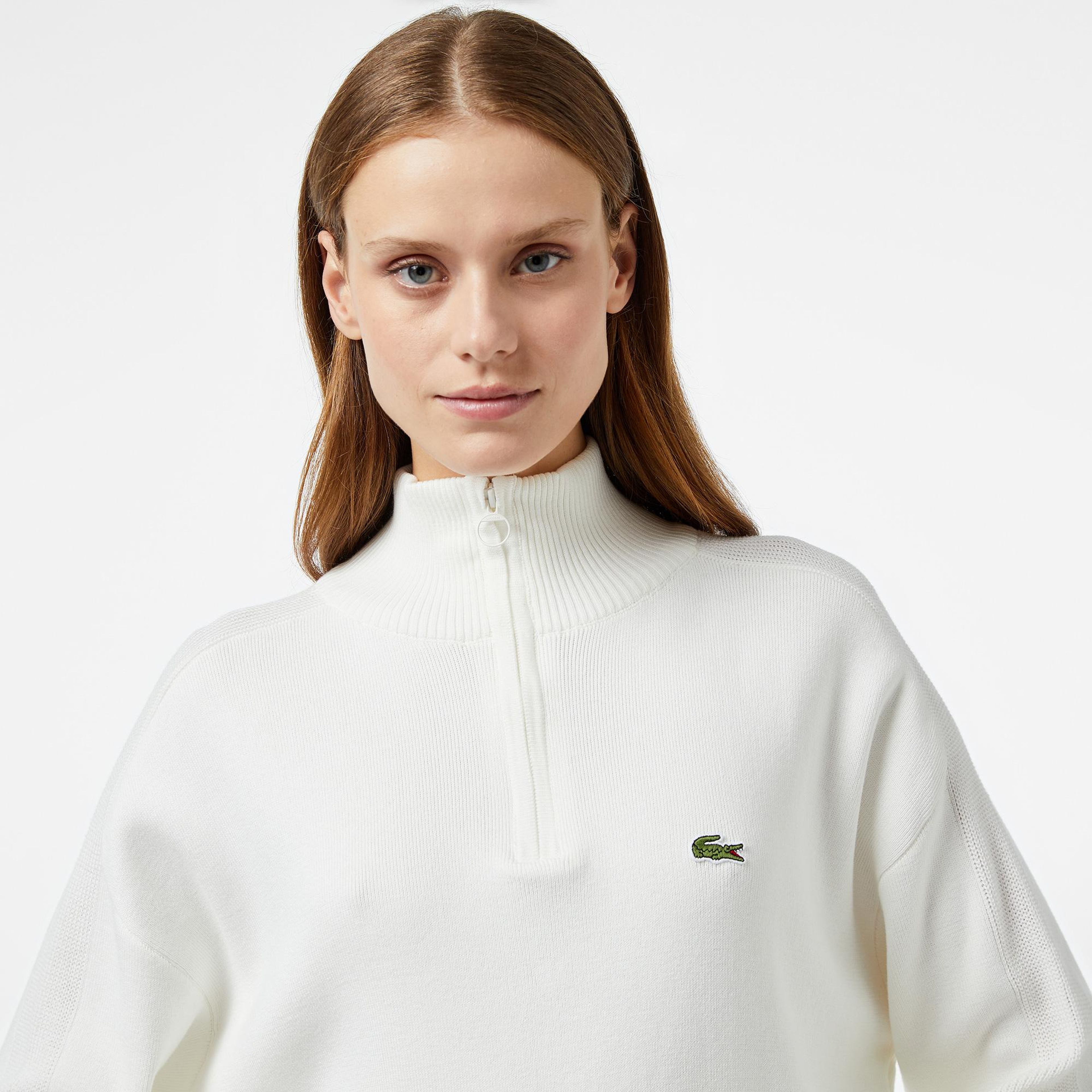 Kadın Relaxed Fit Yarım Fermuarlı Beyaz Triko