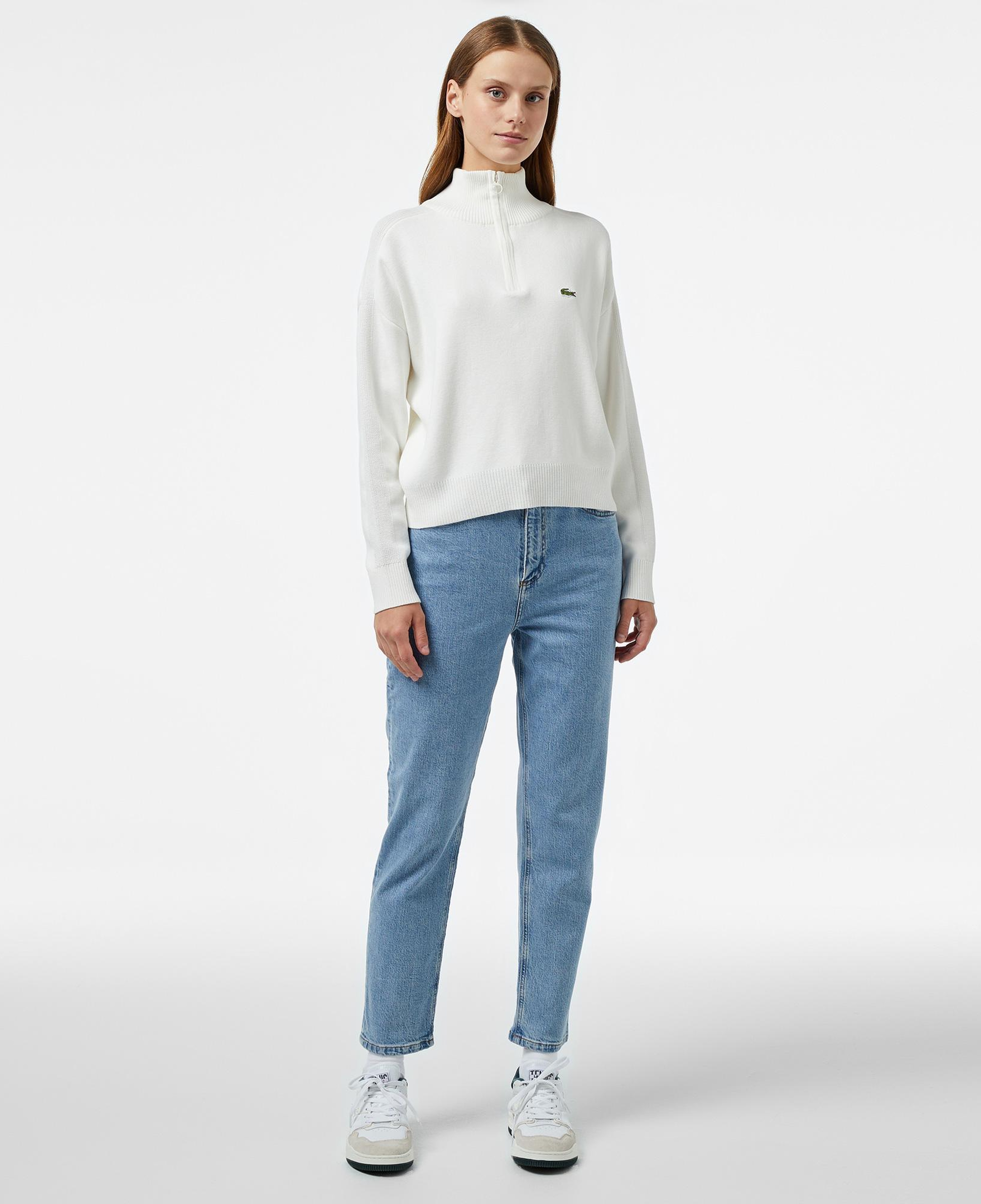 Kadın Relaxed Fit Yarım Fermuarlı Beyaz Triko