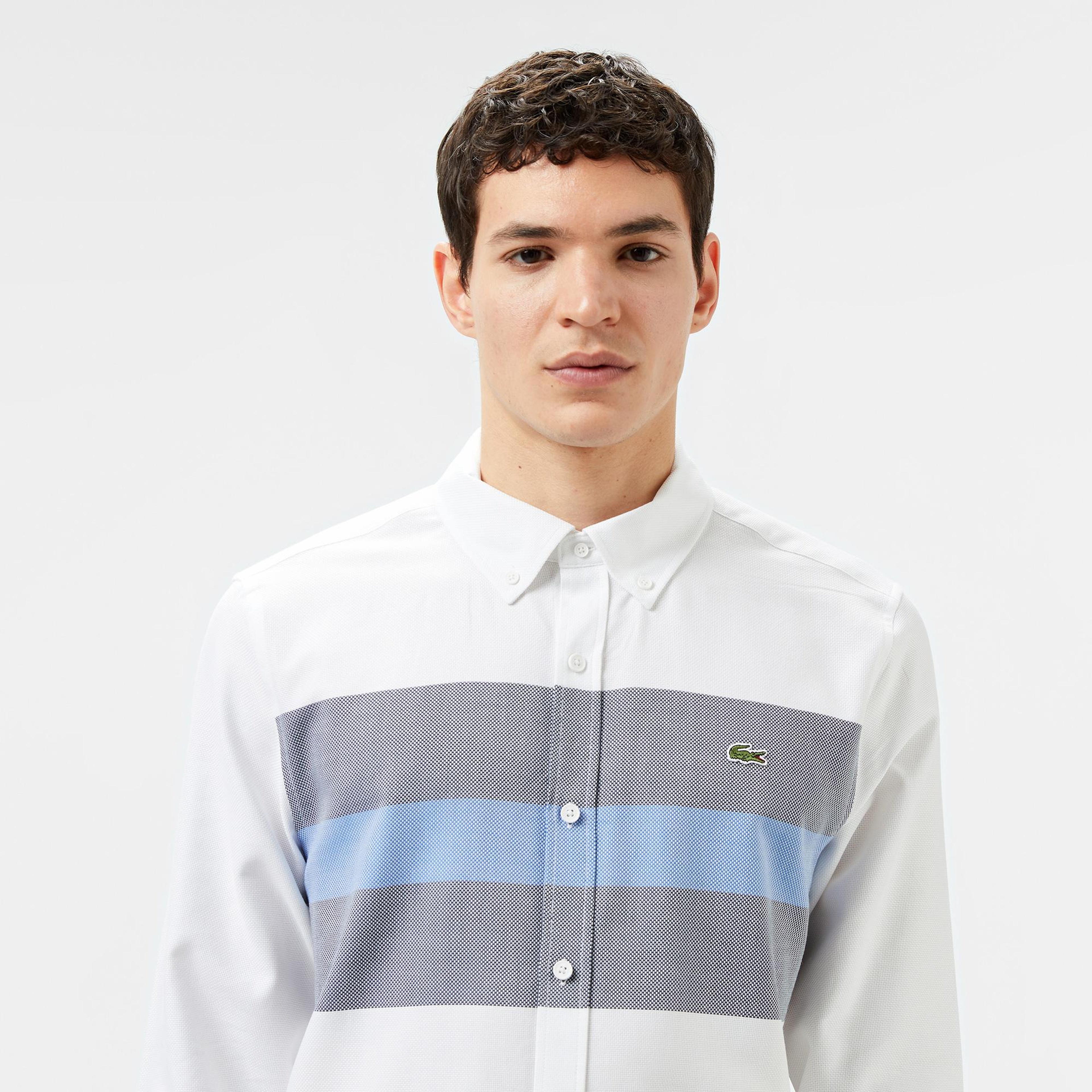 Erkek Slim Fit Renk Bloklu Beyaz Gömlek