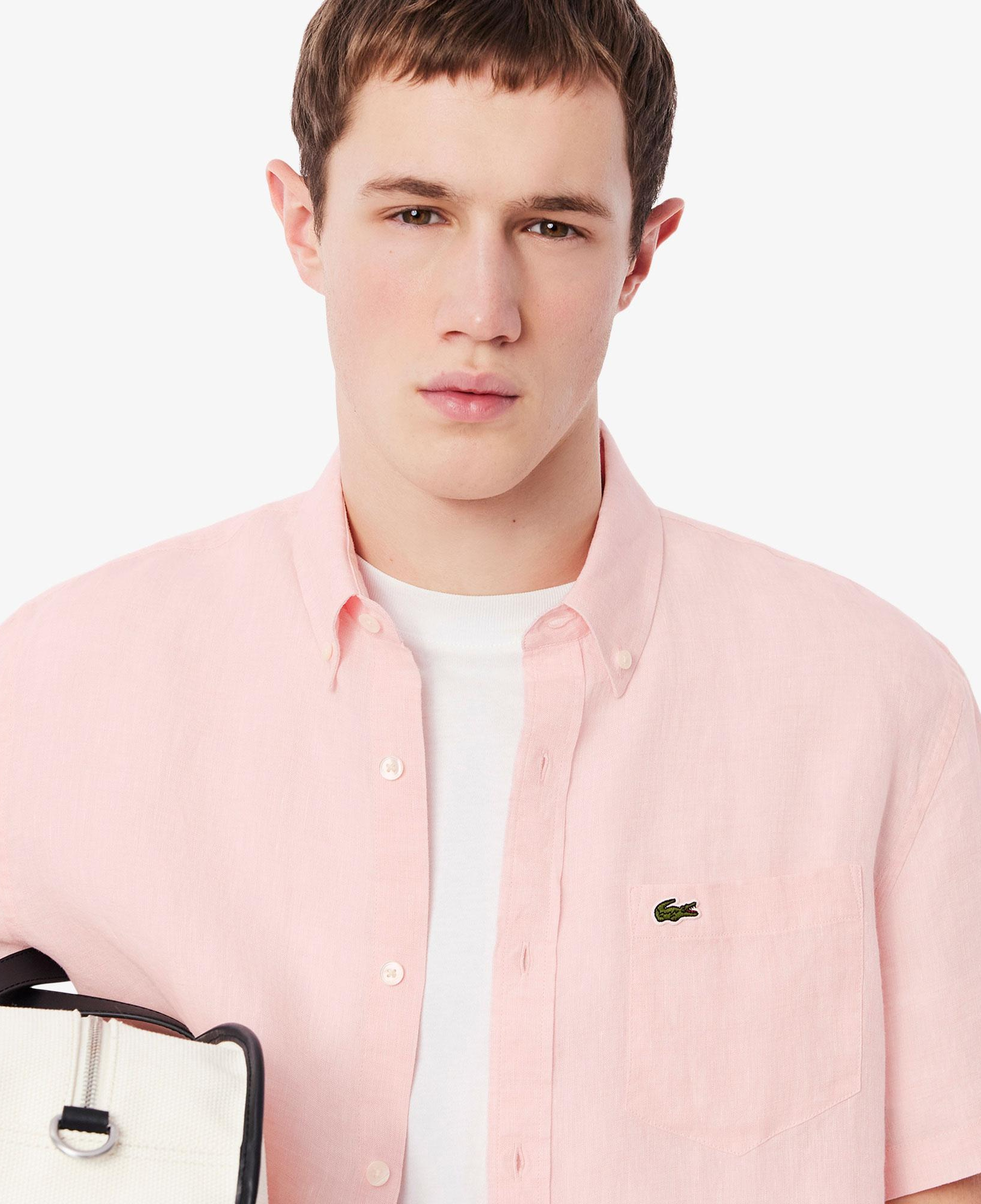 Lacoste Erkek Regular Fit Kısa Kollu Düğmeli Yaka Keten Açık Pembe Gömlek